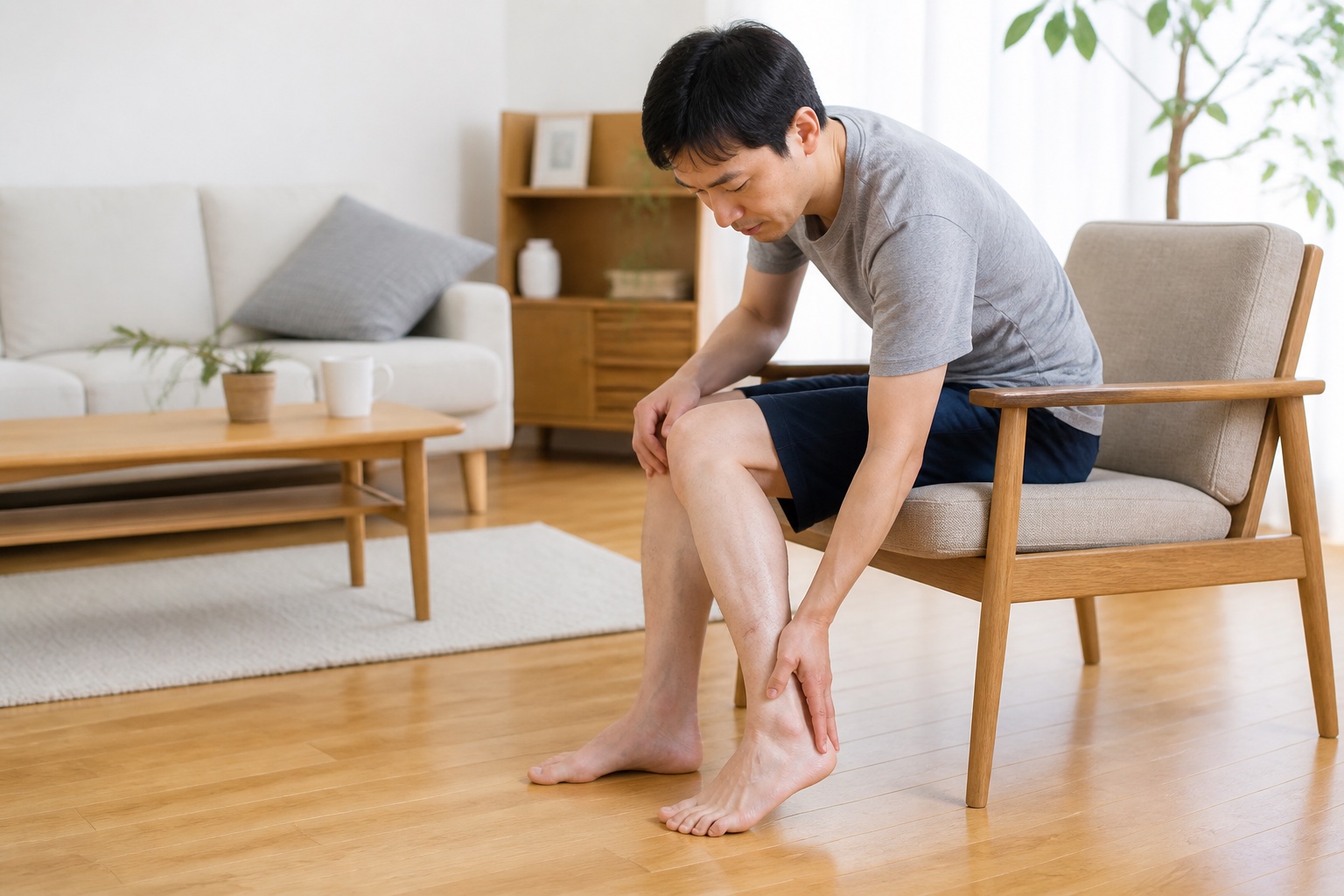 椅子で膝から足首にかけて痛む場所を確認する男性