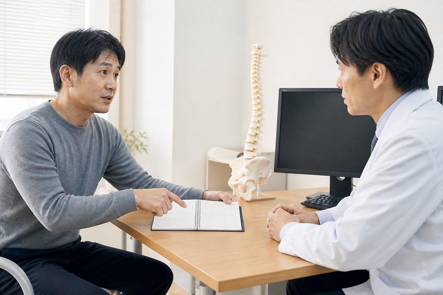 腰と膝の痛みの経過を整形外科医へ説明する男性