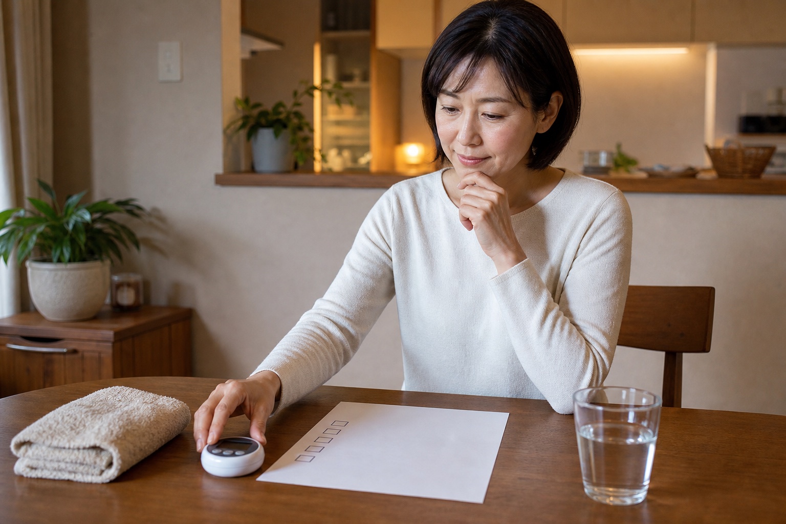 膝を立てて座る時の注意点を確認表で整理する女性
