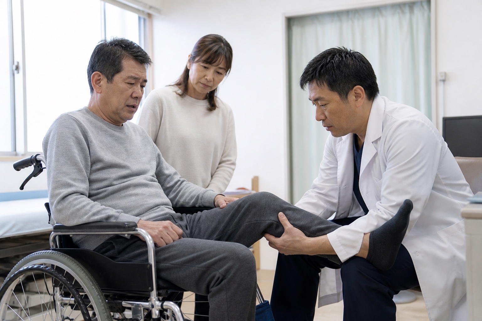 ブロック注射後に脚の力を医師へ確認してもらう男性