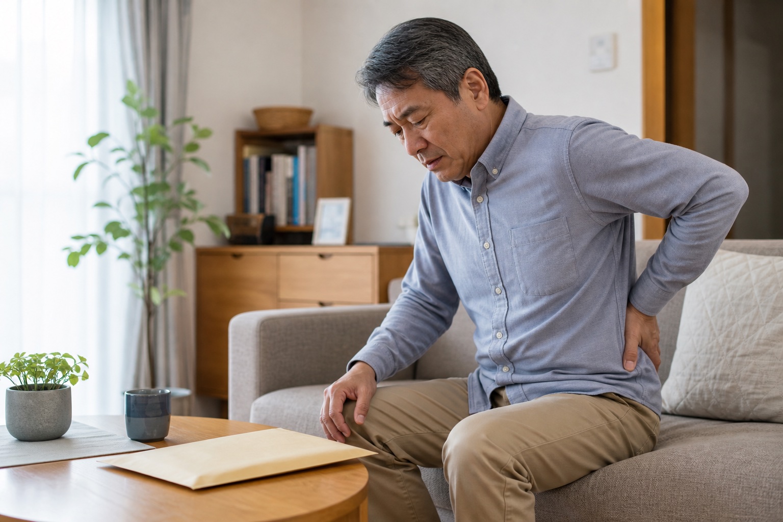 自宅のソファで腰へ手を添え座った時の痛みを確かめる男性
