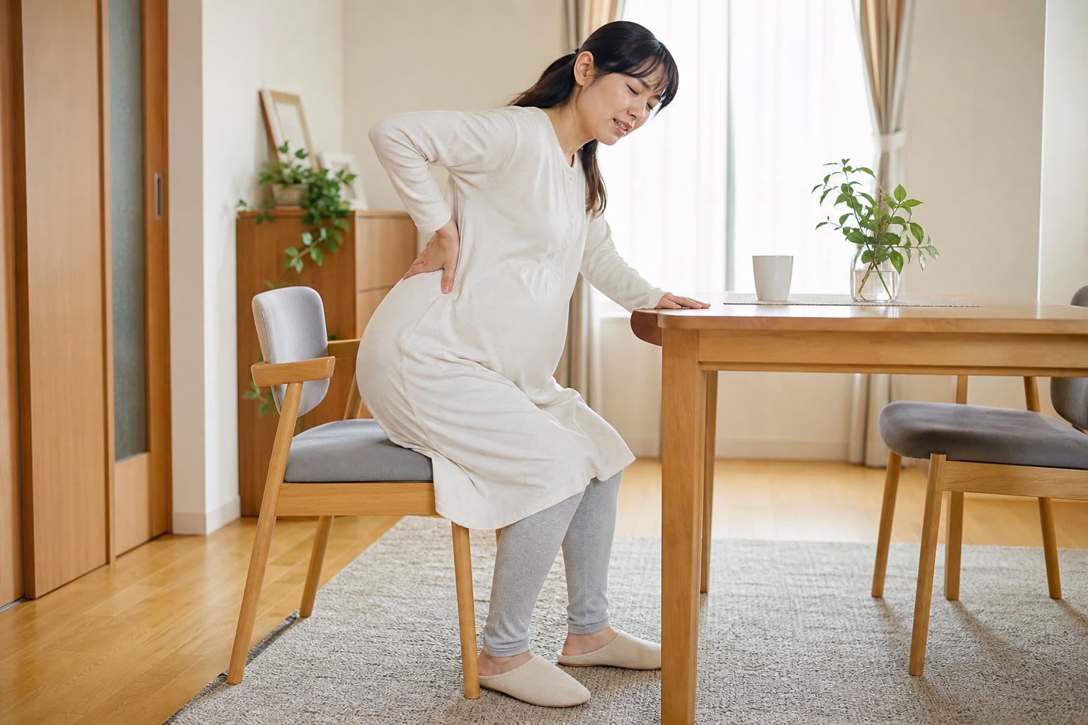 妊娠中の腰痛で椅子から立つ途中にテーブルへ手を添える女性