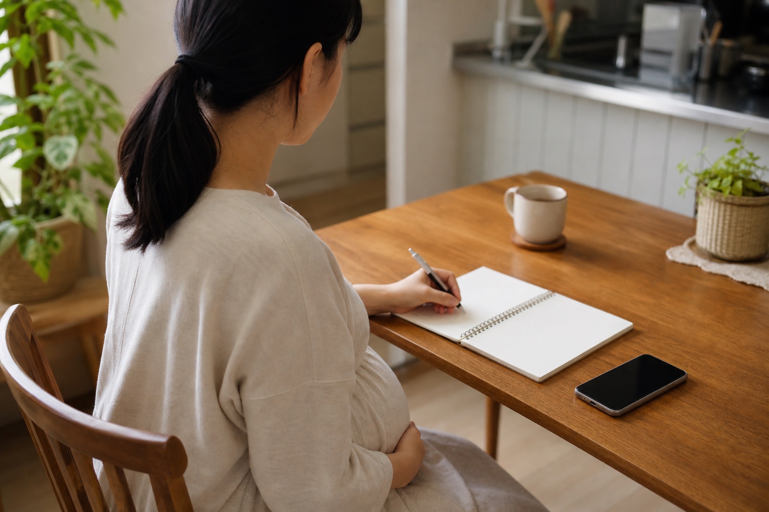 妊娠中の腰痛が出た時刻や動作をノートへ記録する女性