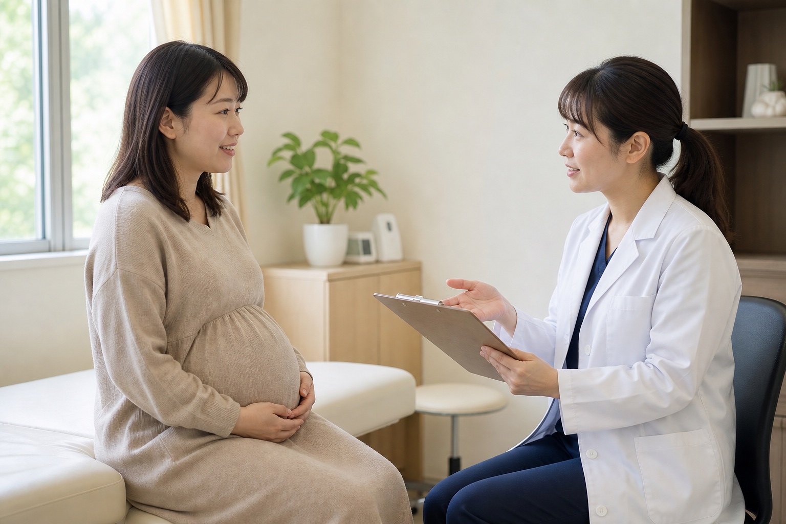 妊娠中の腰痛について産科医へ相談する女性