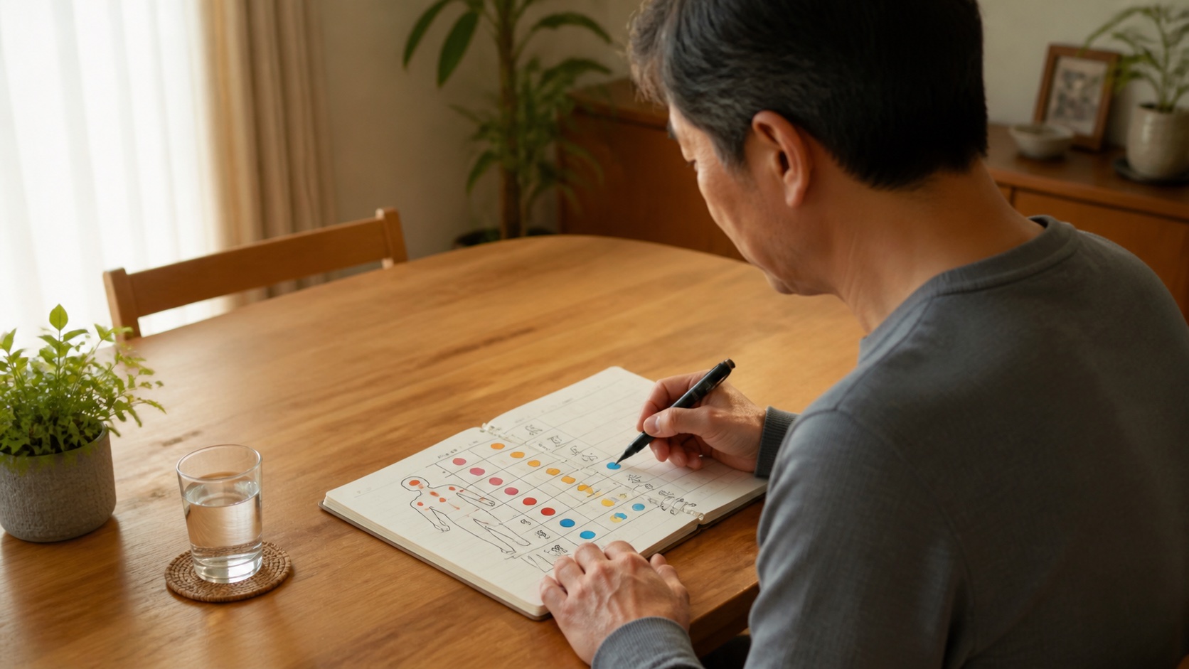 痛みと睡眠と日常動作の変化を色分けして記録する男性
