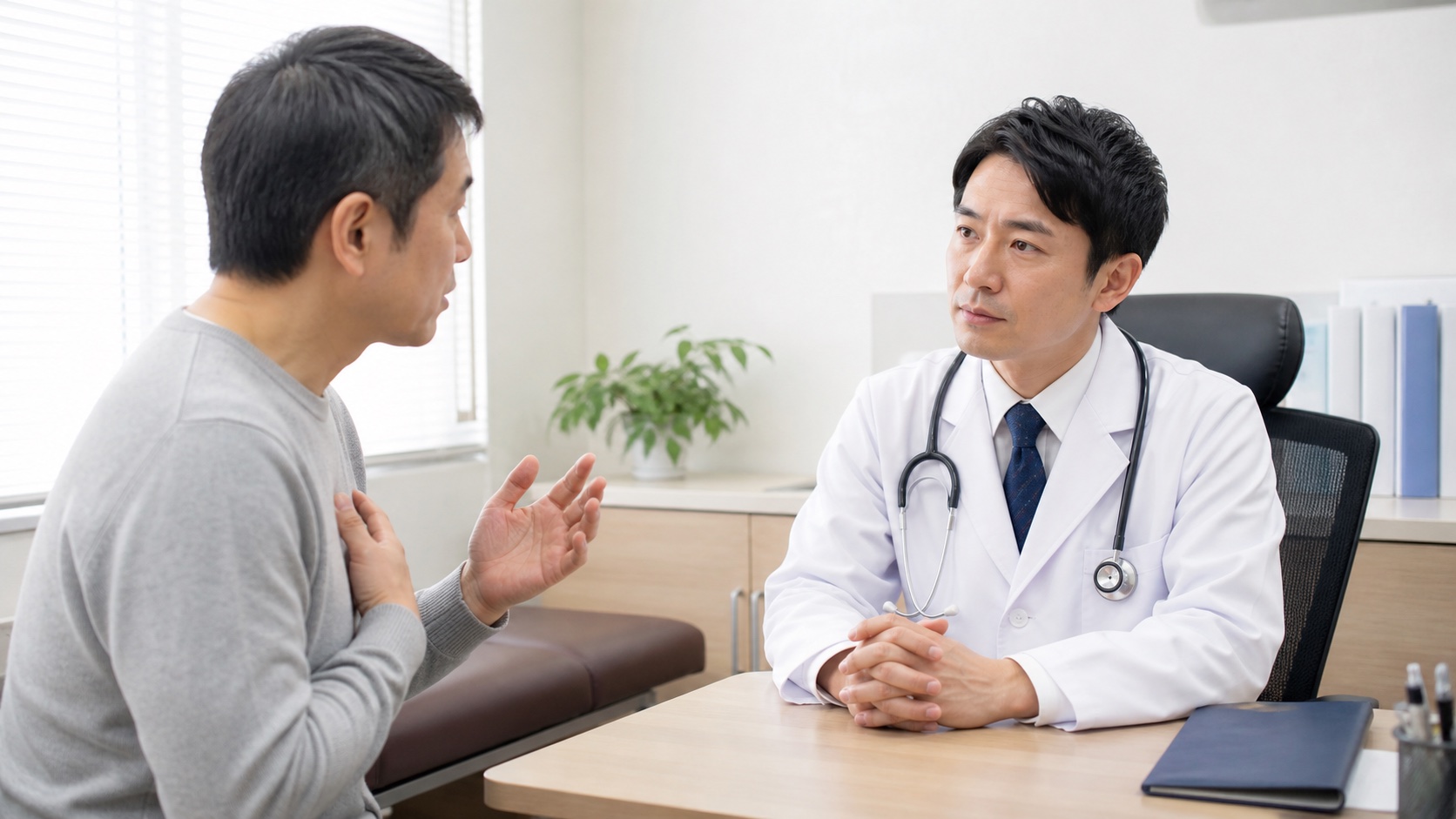 症状の悪化について医師へ詳しく伝える男性