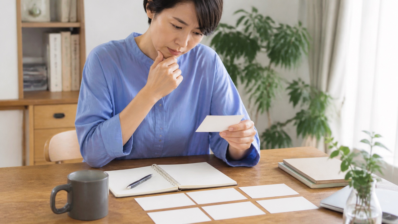 鍼治療について確認したい質問をカードで整理する女性