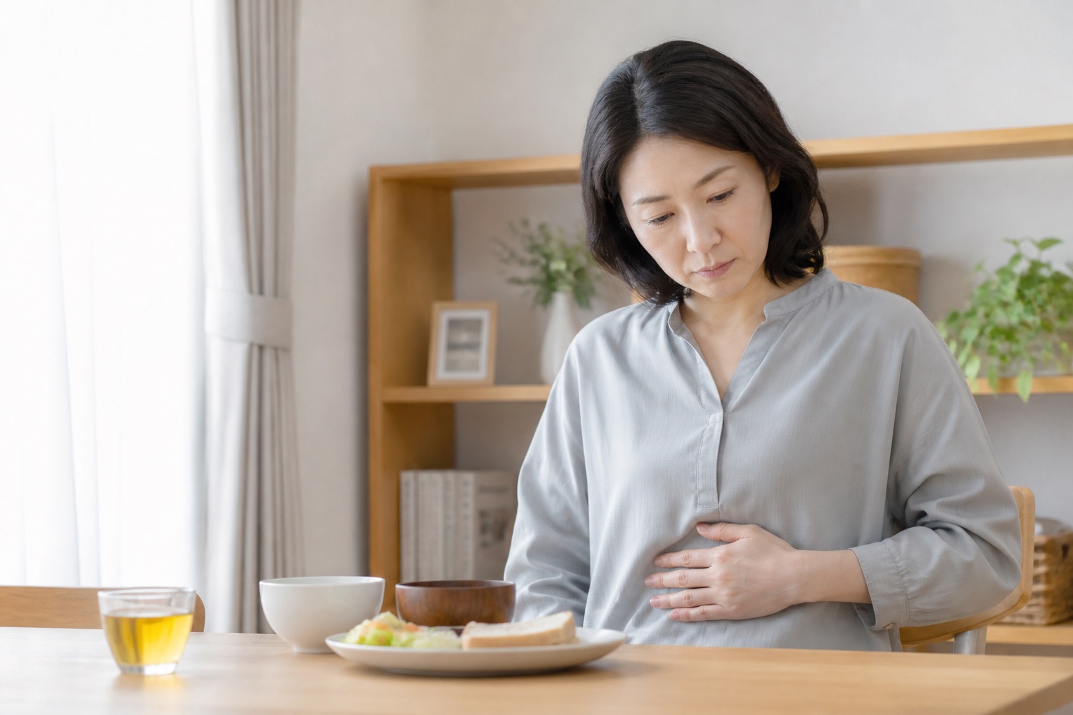 軽い食事の後に腹痛の有無を落ち着いて確かめる女性