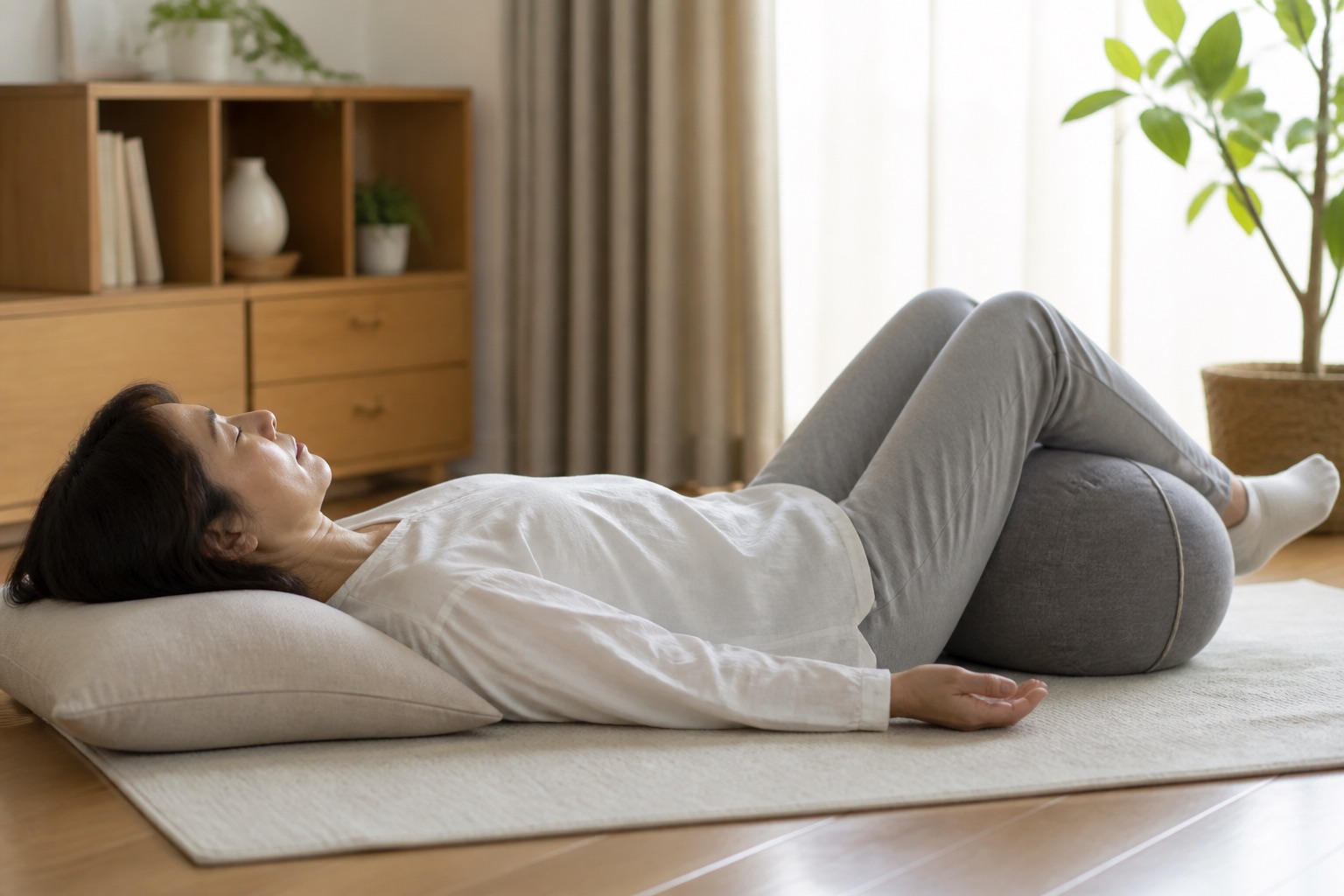 膝の下へクッションを置き仰向けでゆっくり呼吸する女性