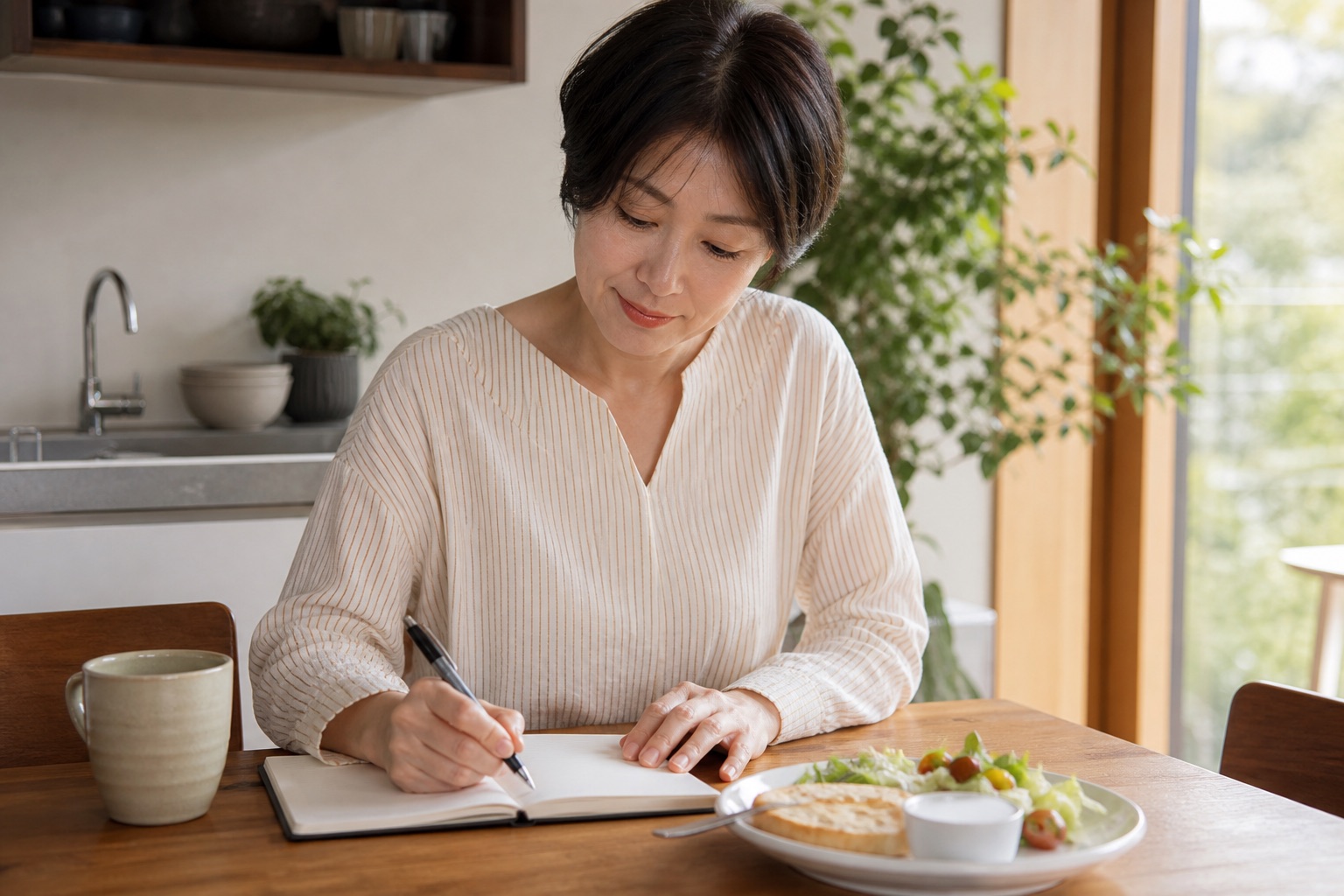 食事と便通とお腹の音の時間をノートに記録する女性