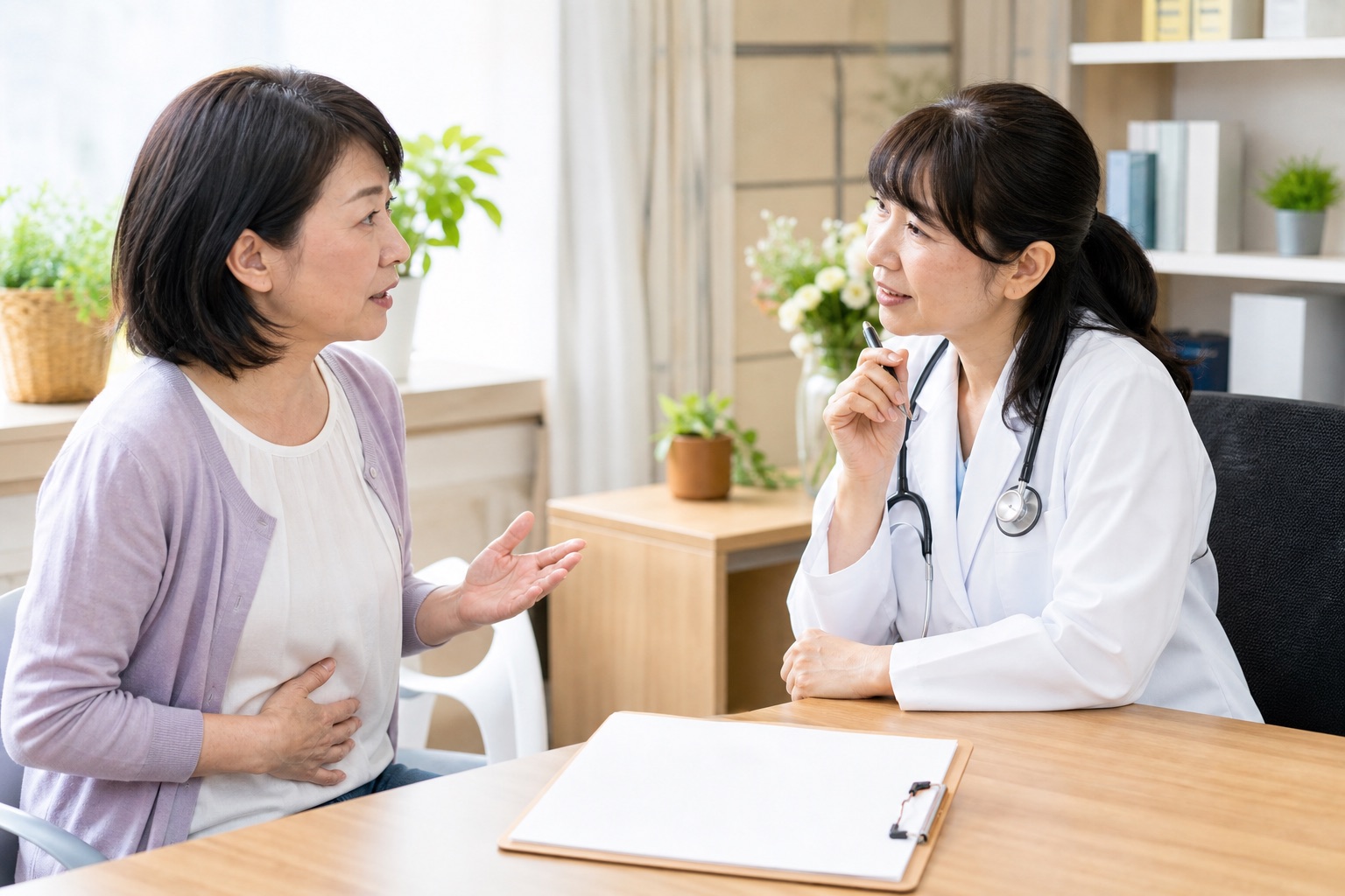 お腹の音と安全なセルフケアについて医師へ質問する女性