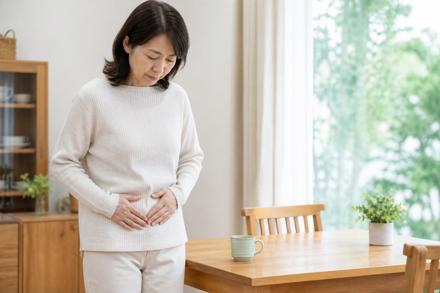 食卓のそばで下腹部の痛む場所を両手で確かめる女性