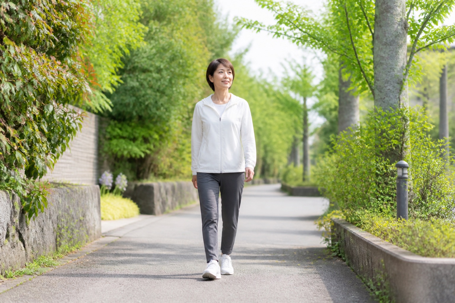 下腹部の状態を確認しながら緑の道を無理なく歩く女性