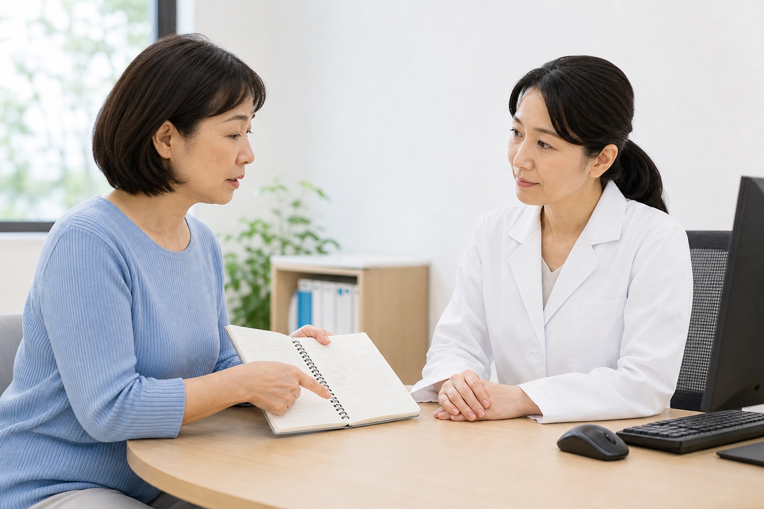 下腹部痛の経過を書いたノートを婦人科医へ見せる女性
