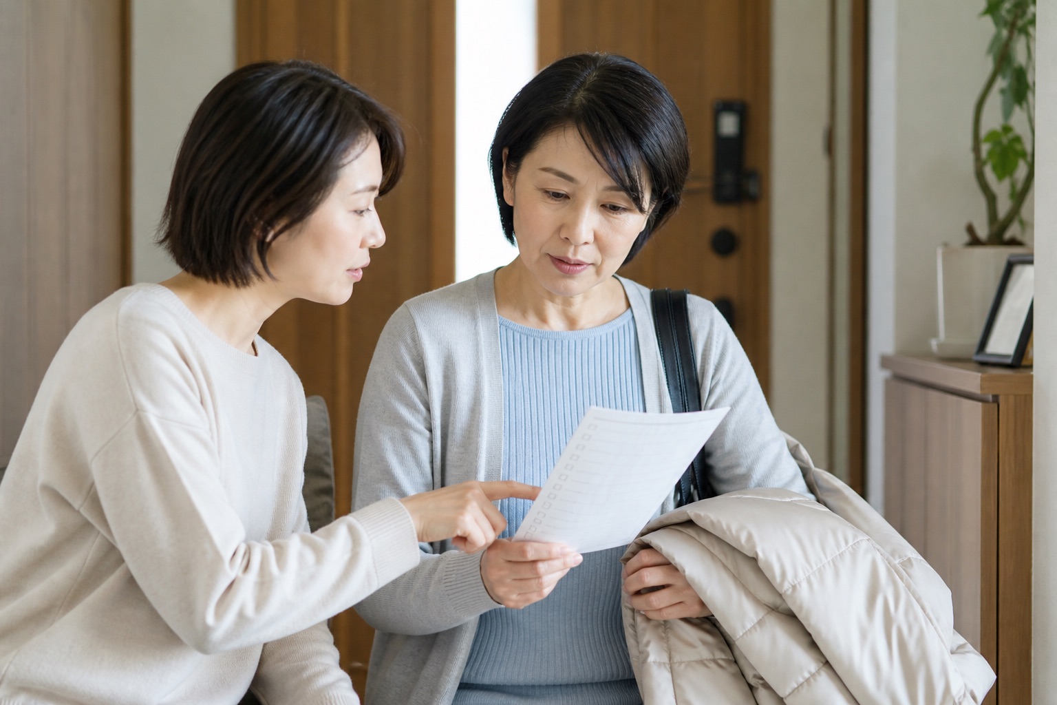 受診前に下腹部痛の確認項目を家族と見直す女性