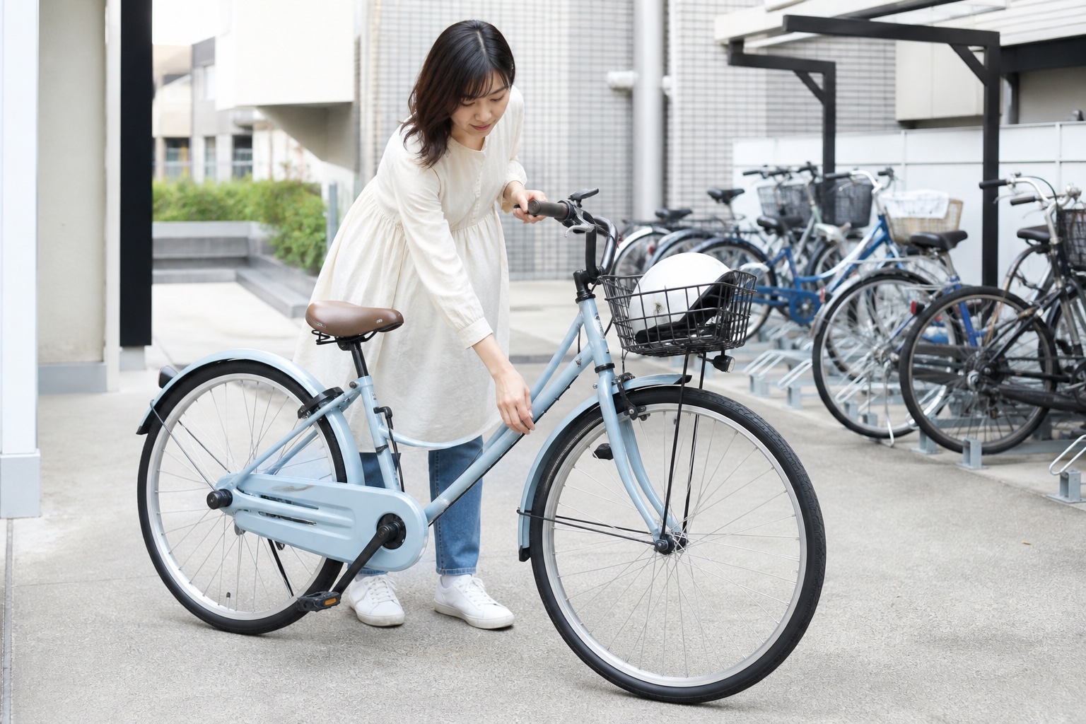 自転車のブレーキとタイヤを乗車前に確認する女性