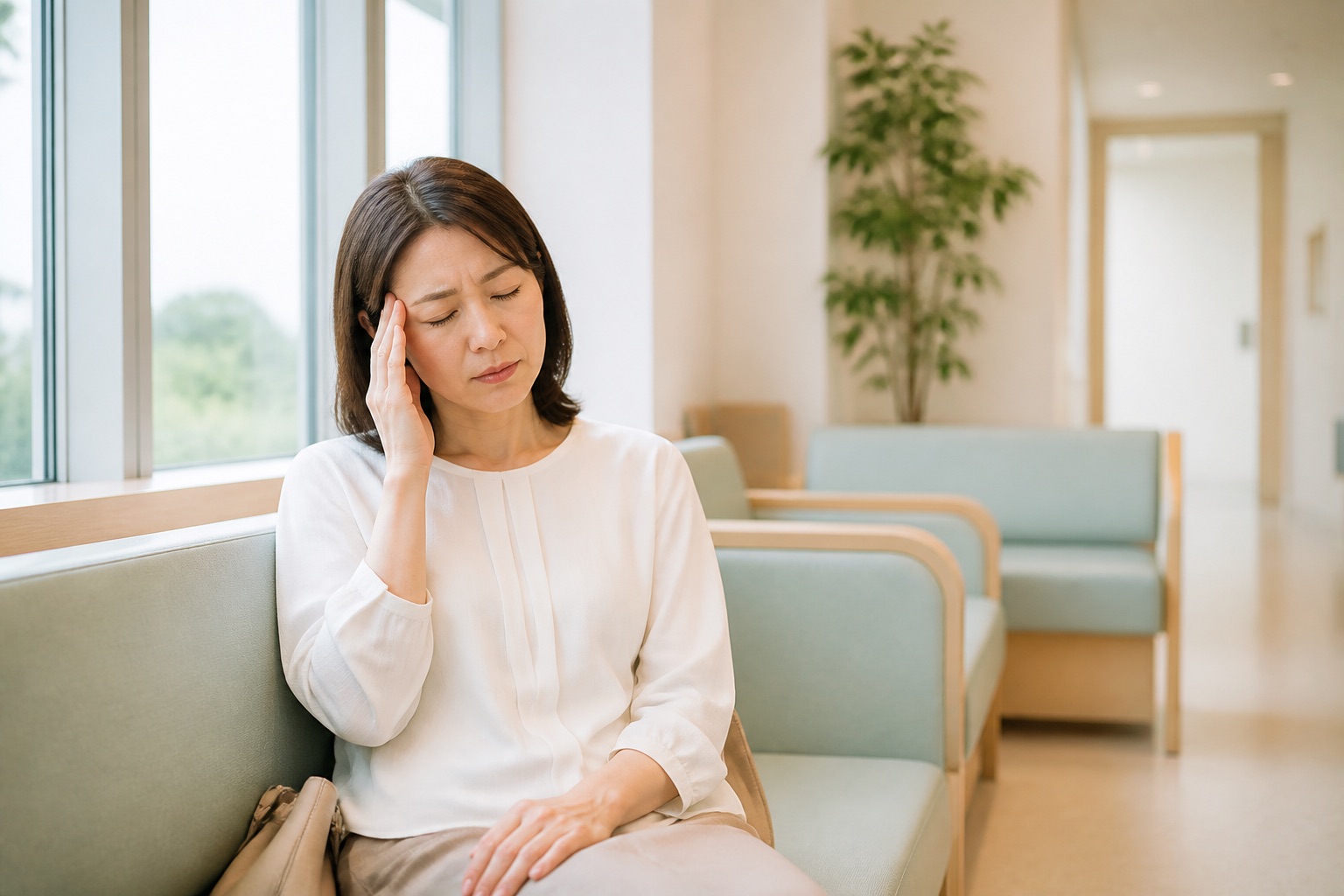 MRI検査後にめまいを感じ病院の待合で座って休む女性