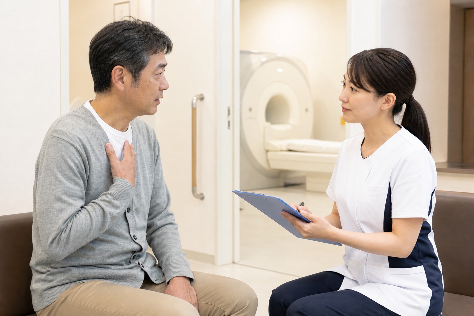 MRI検査前の体調と不安を診療放射線技師へ伝える男性