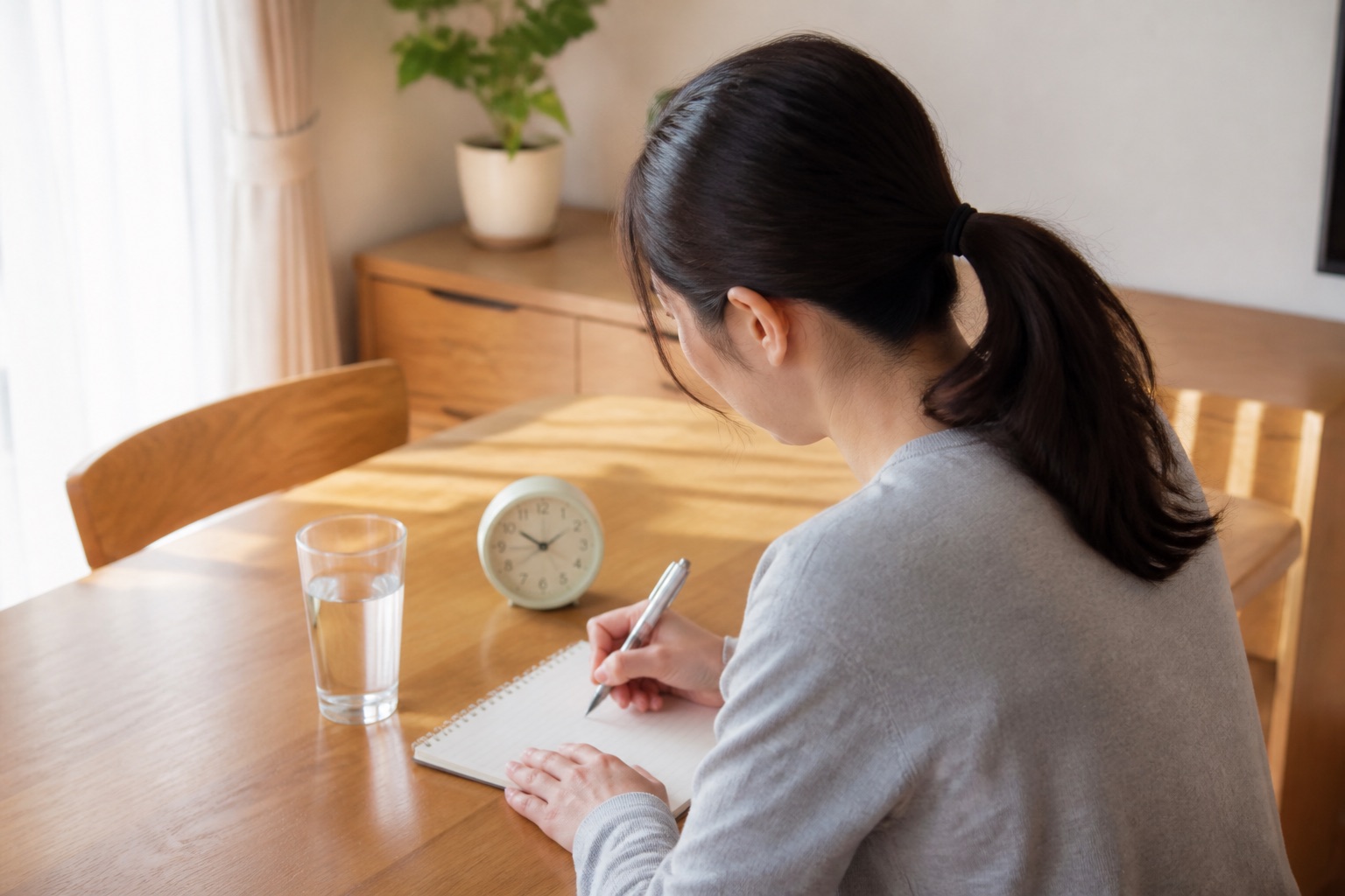 MRI検査後のめまいの開始時刻と続いた時間を自宅で記録する女性