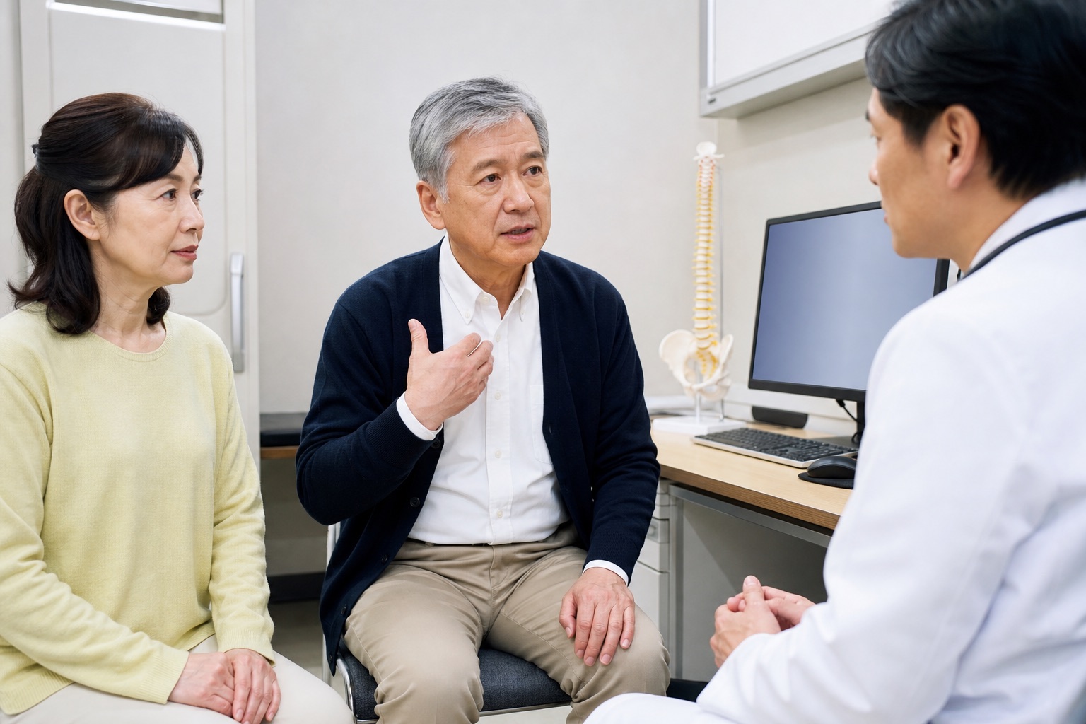 MRI検査後の強い症状を家族と医師へ相談する男性