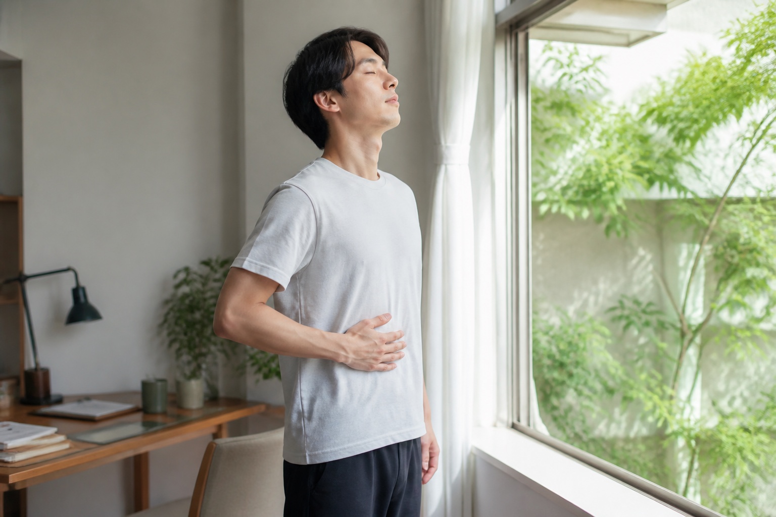 窓辺で肩を下げて無理のない呼吸を確認する男性