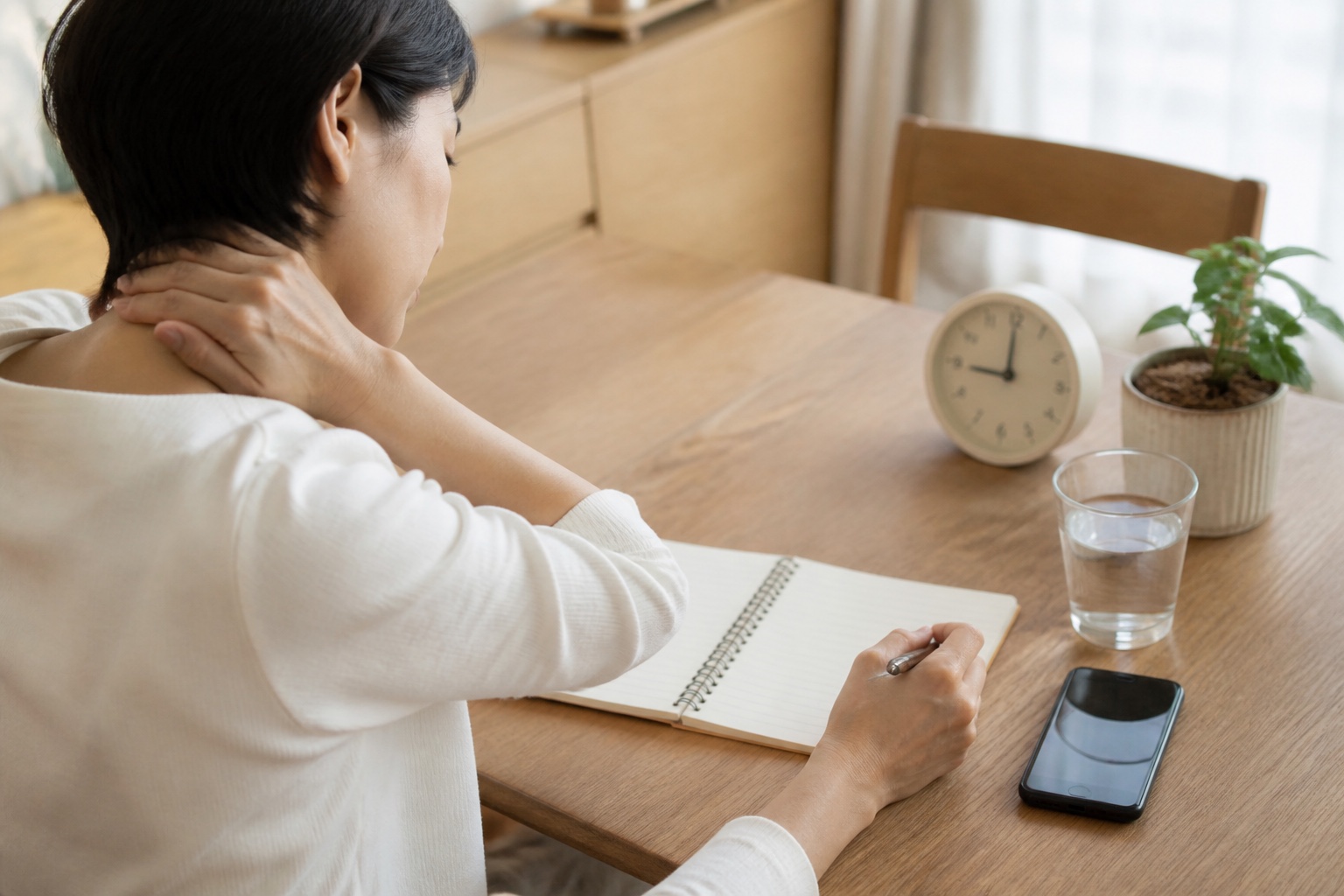 首の痛みと息苦しさが出た時刻をノートへ記録する女性
