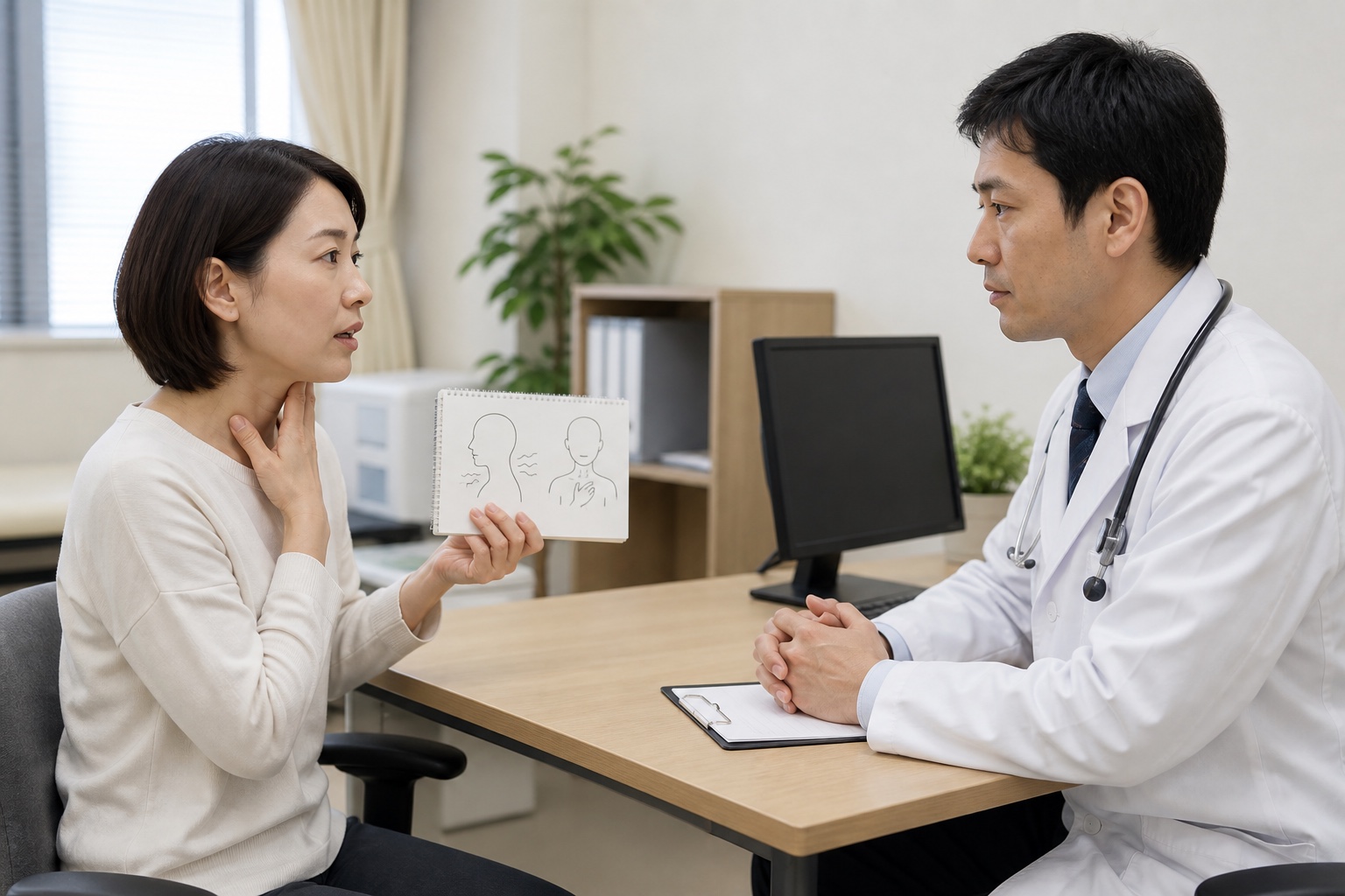首の痛みと息苦しさの記録を医師へ見せて相談する女性