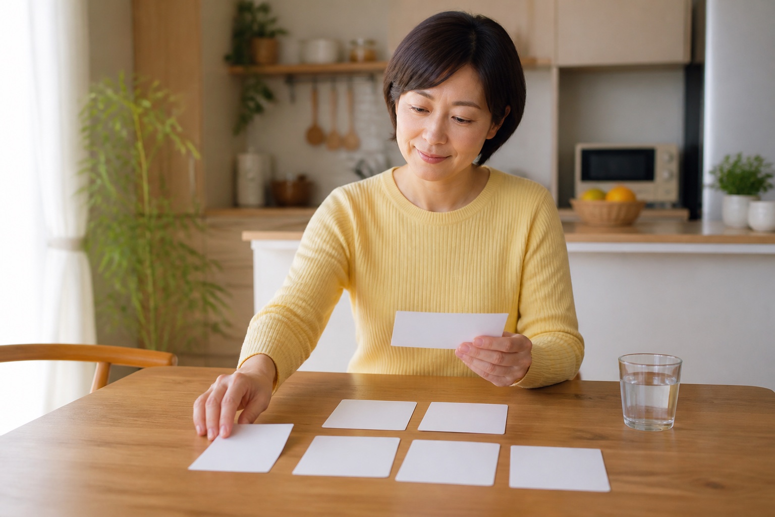受診前に首こりと息苦しさの質問をカードで整理する女性