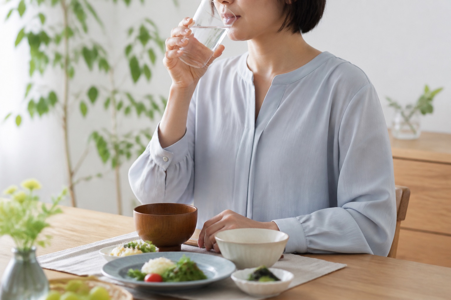 食事中に少量の水をゆっくり飲む女性