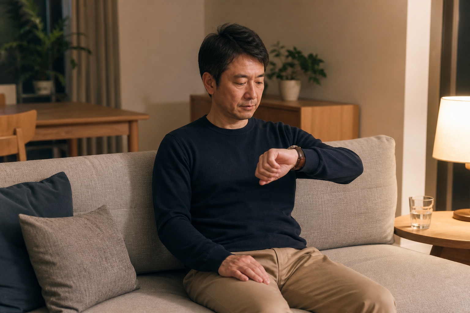 夕食後すぐ横にならず座って時間を確認する男性