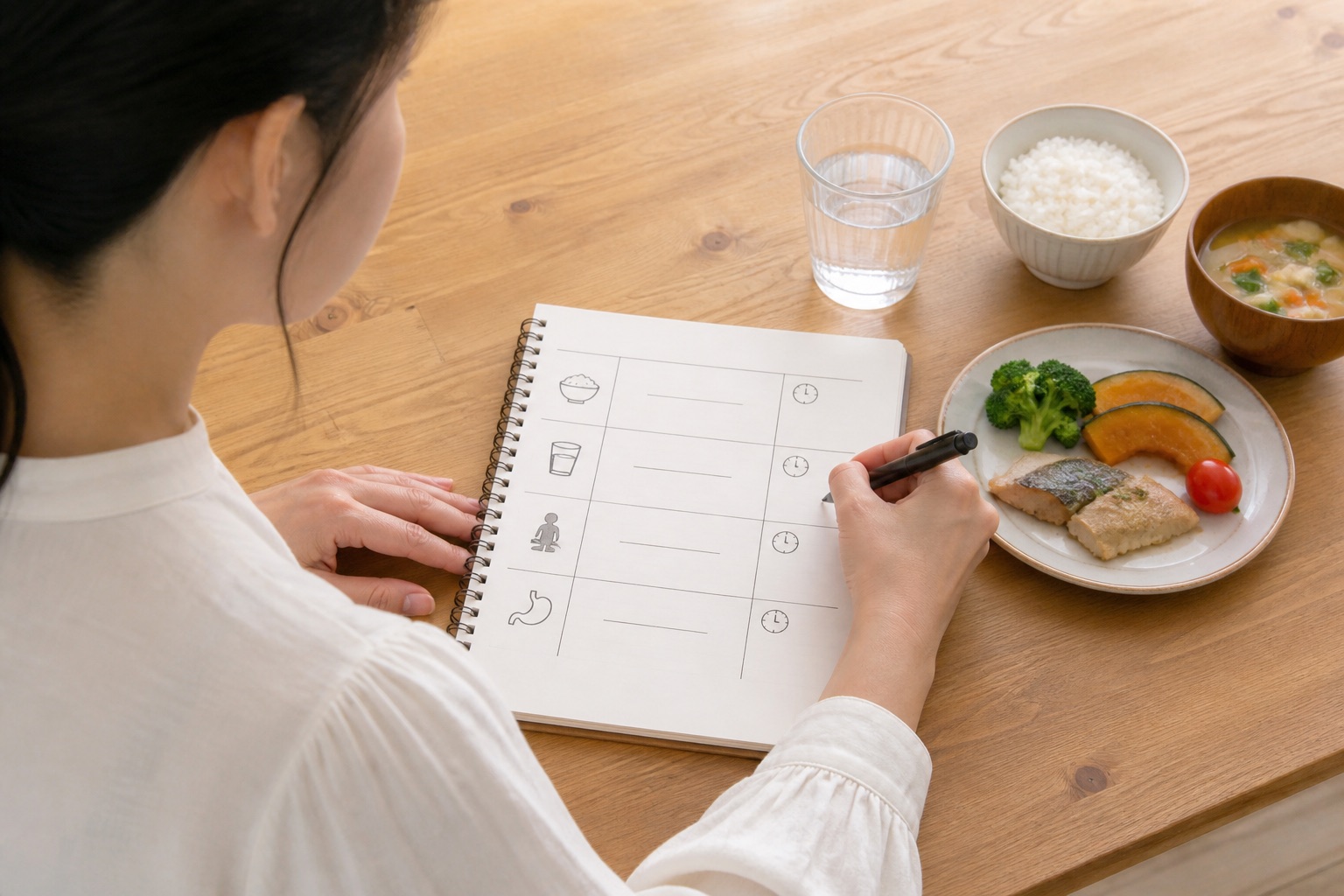 食事と水分量と胸焼けの時間をノートへ記録する女性