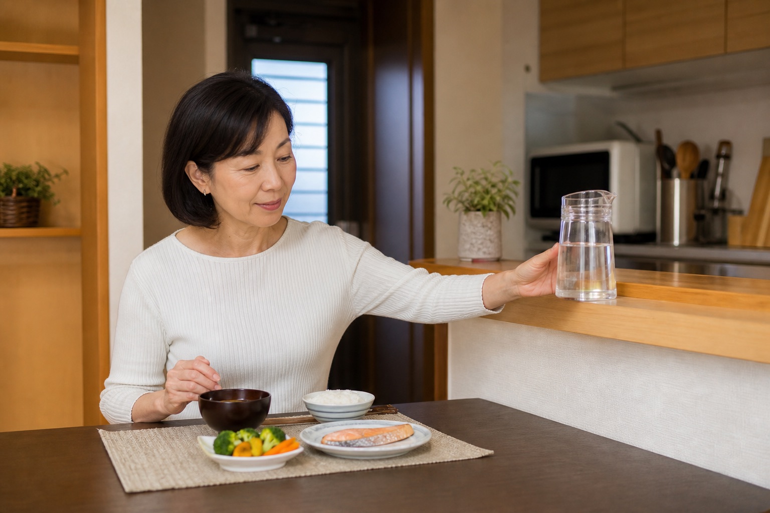 夕食量と水分を分けて準備する女性