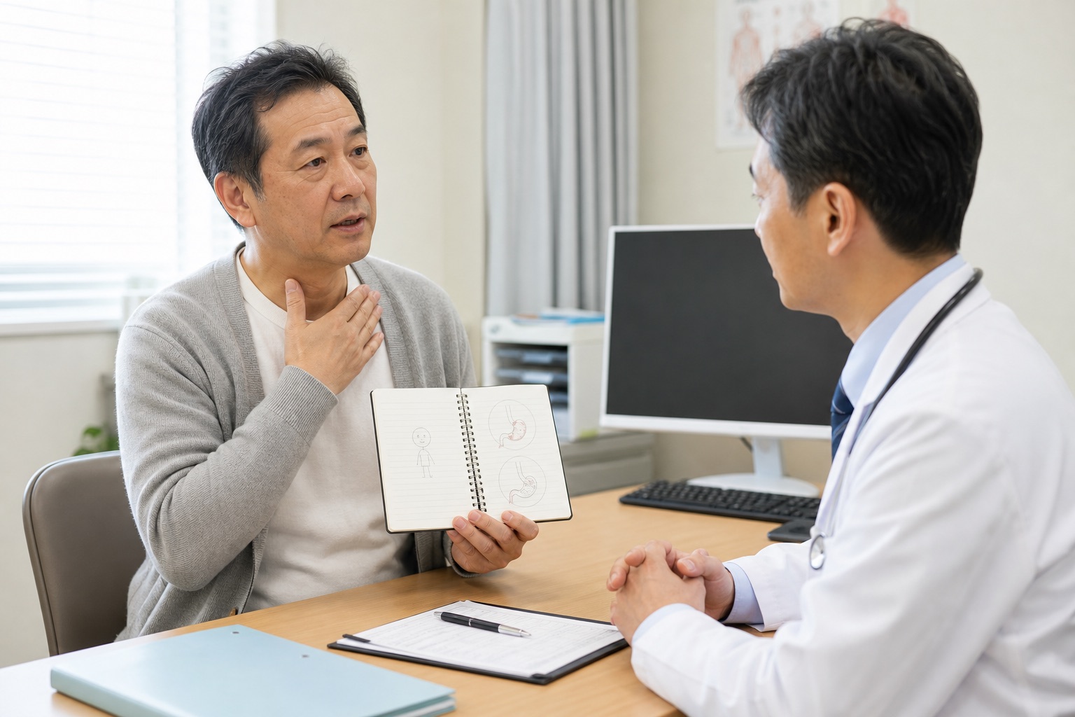 胸焼けと飲み込みにくさを消化器内科医へ相談する男性