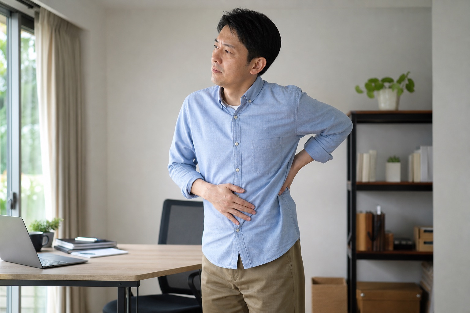 仕事中に脇腹の張りと背中の違和感を確認する男性