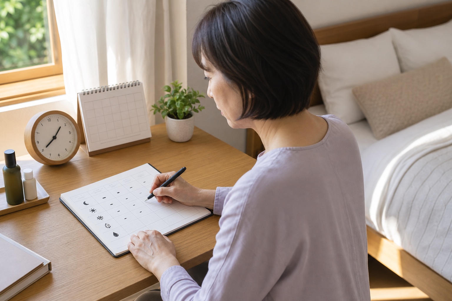 睡眠や発汗など日々の変化を記録する女性