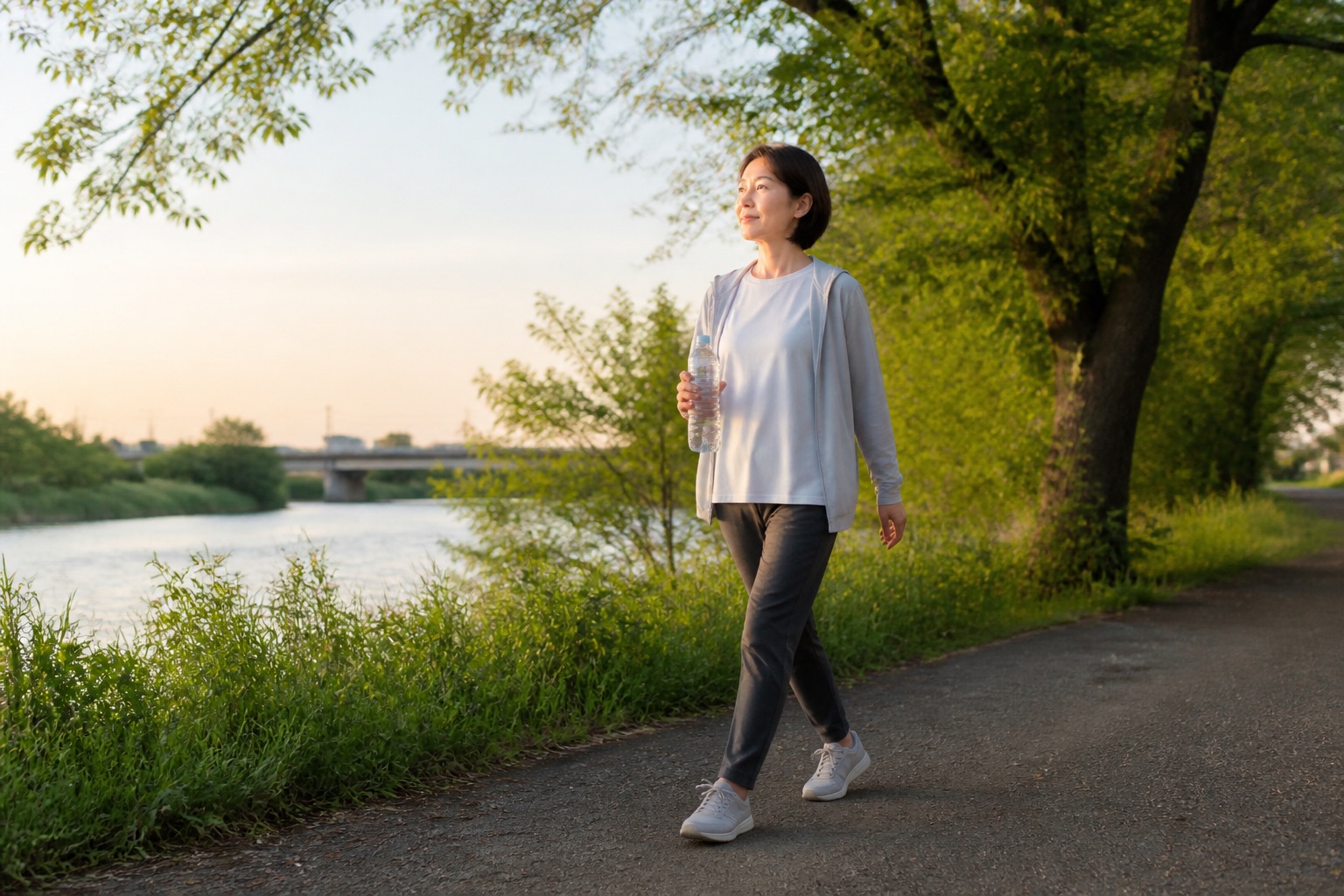 閉経後の健康維持のため夕方に無理なく歩く女性
