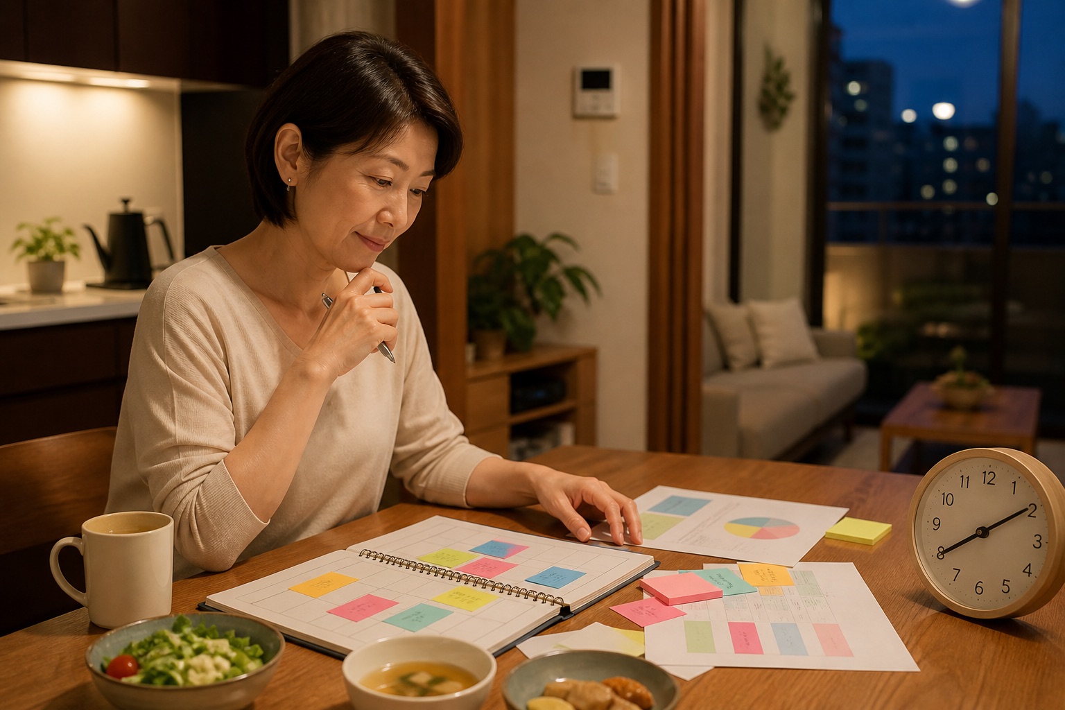 食事と睡眠と仕事の時間を整理する50代女性