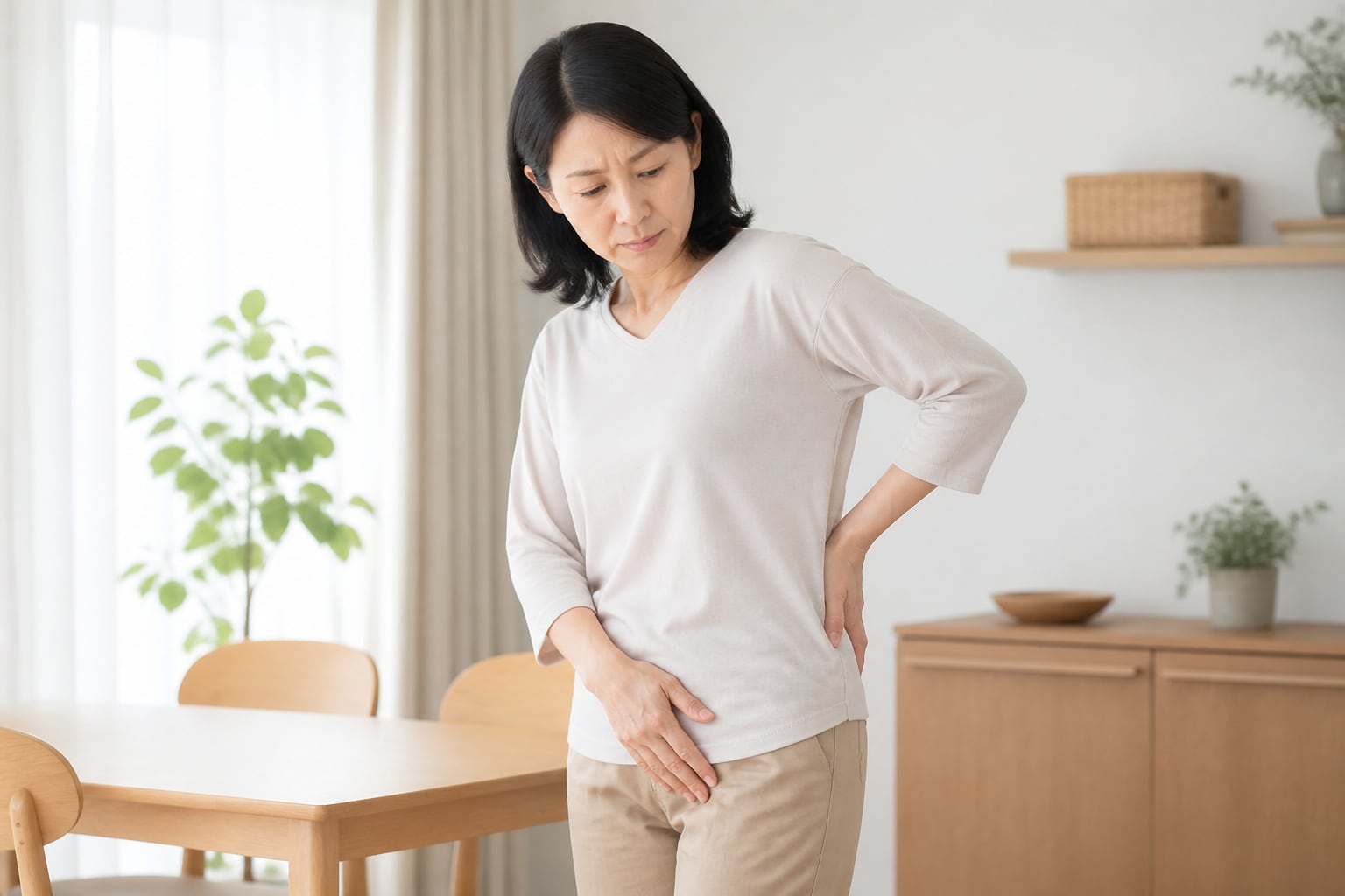腰と脚の付け根に手を当て痛む場所を確認する女性