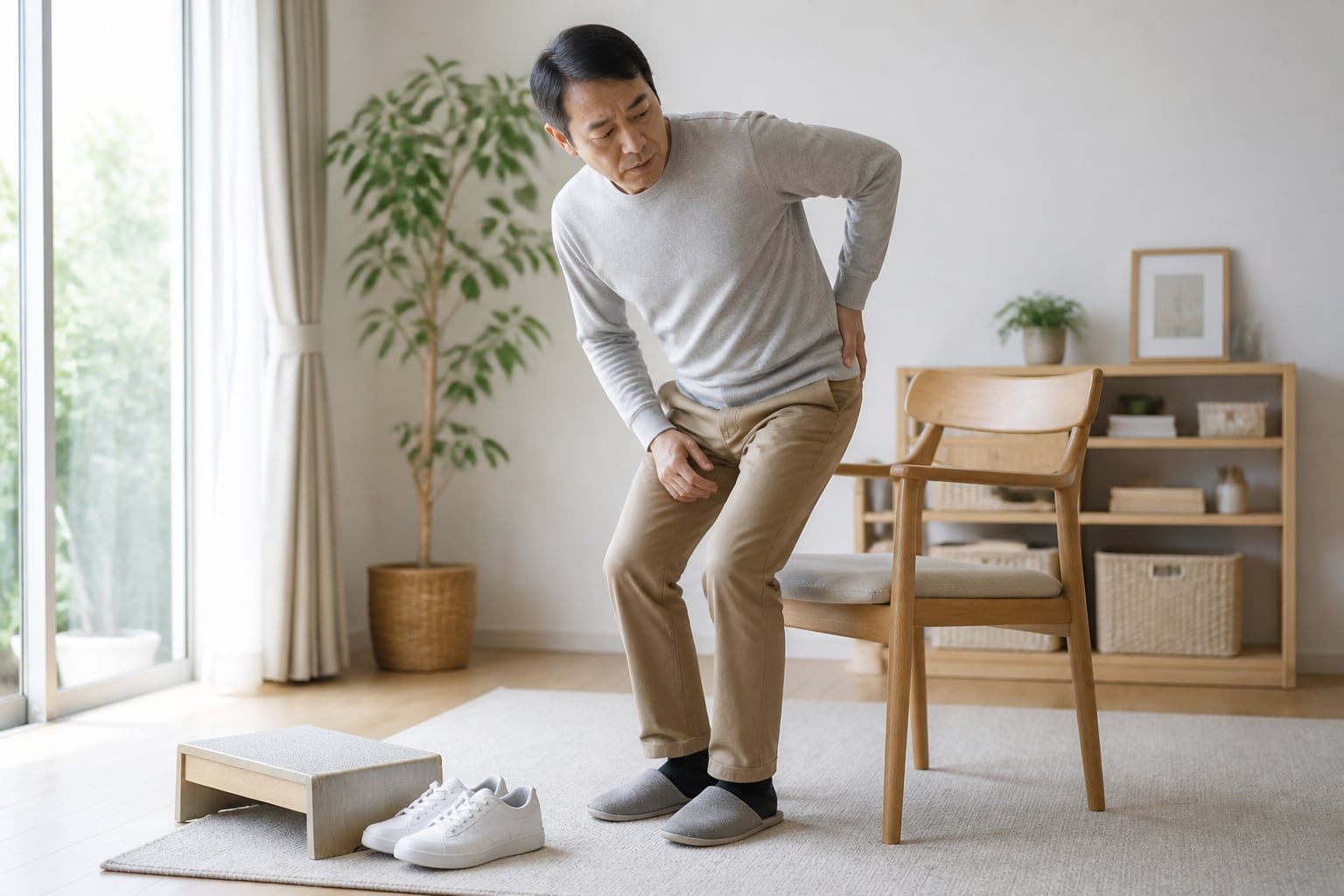 椅子から立つ時に腰と股関節の動きを確かめる男性