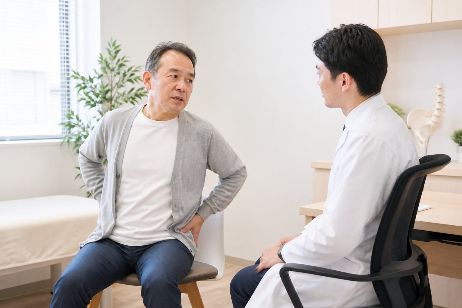 腰と股関節の痛みを整形外科医へ伝える男性