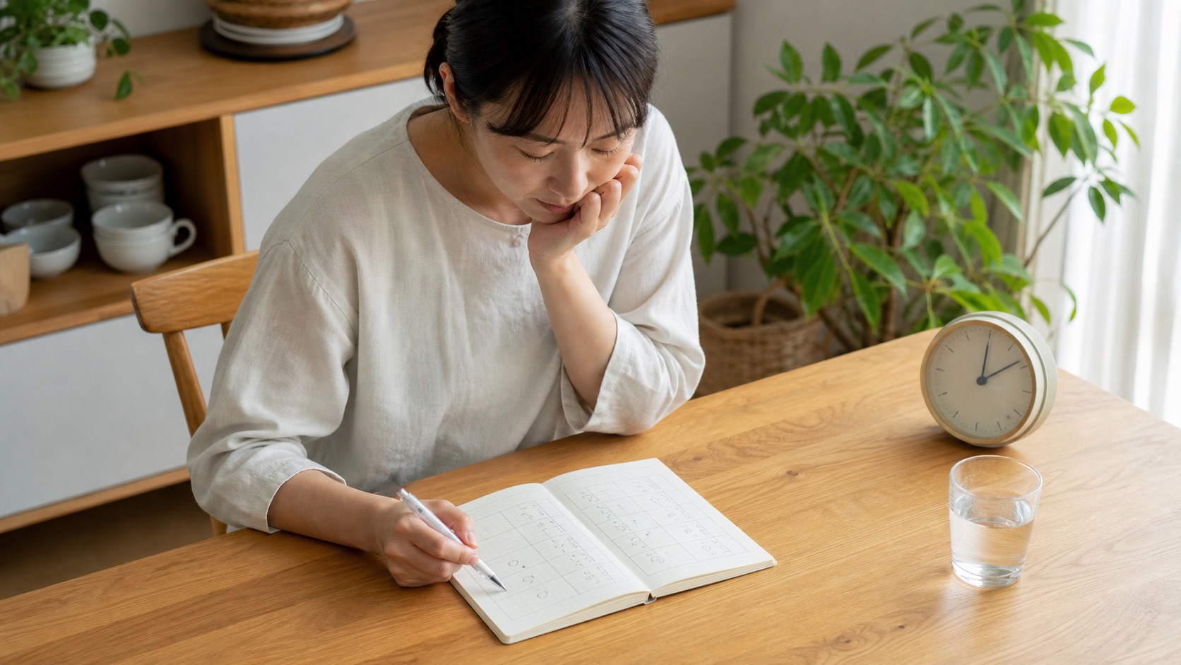 不安や動悸が出た時刻を症状日記に記録する女性