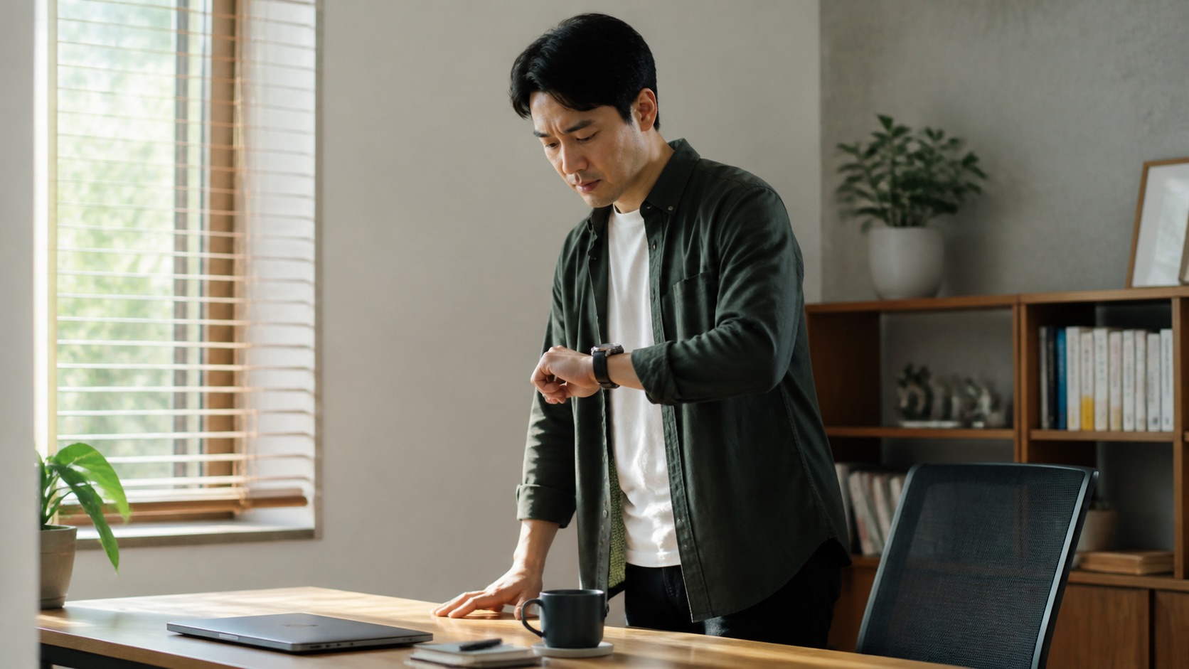 在宅勤務中に動悸を感じて時刻を確認する男性