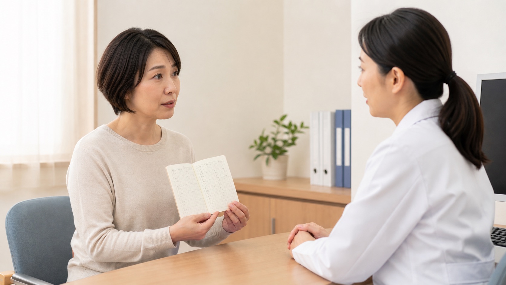 不安症状の記録を医師へ見せて相談する女性