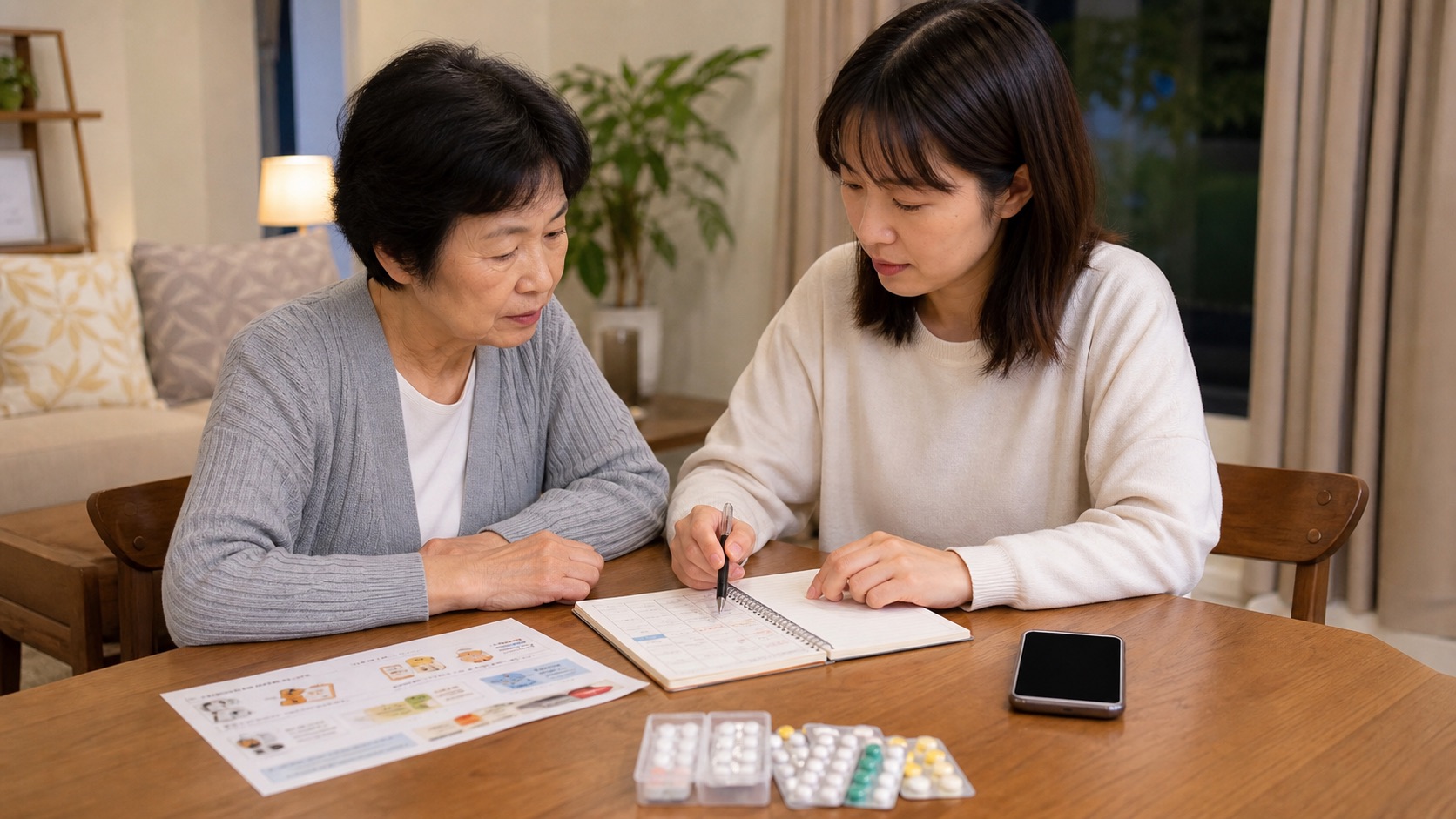 家族と薬の情報や緊急時の連絡手順を確認する女性