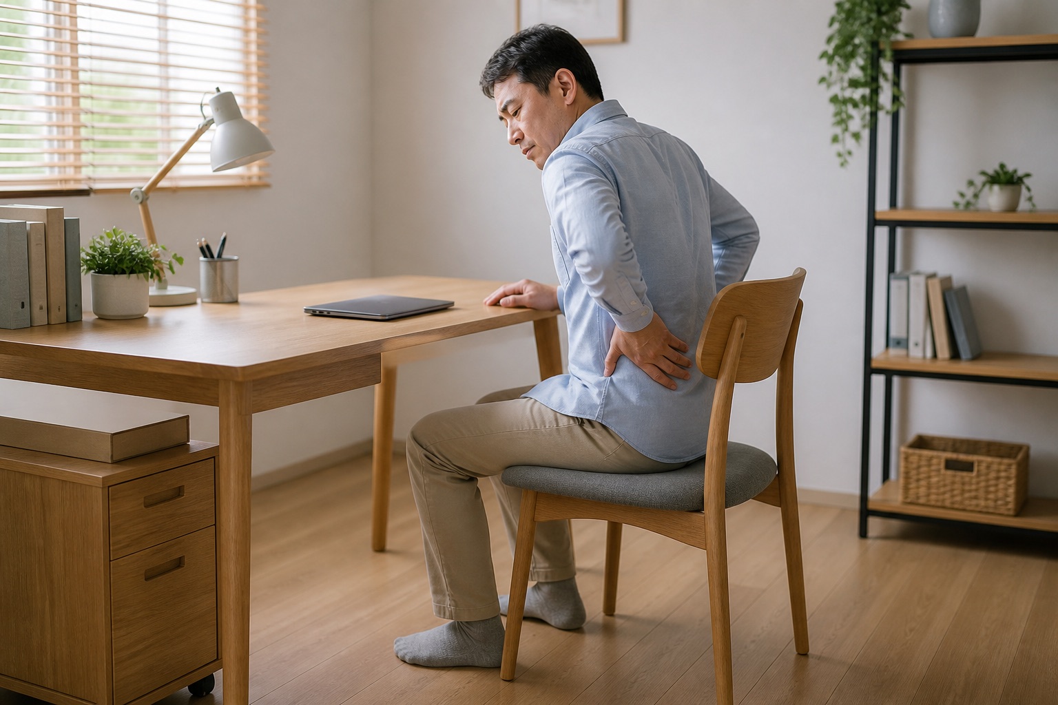 座り仕事の途中で腰まわりの負担を確認する男性
