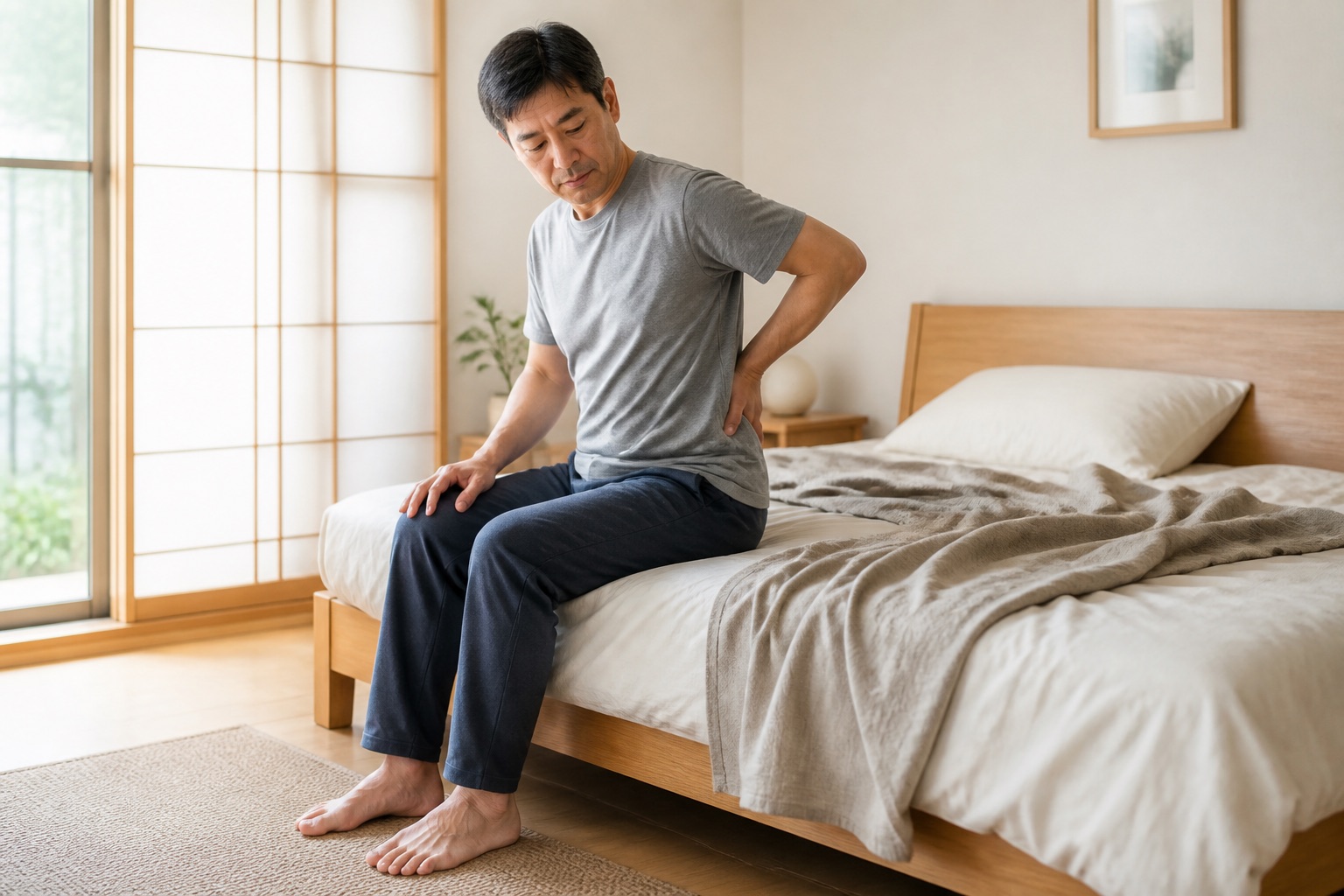 朝ベッドから起きる前に腰の状態を確認する男性