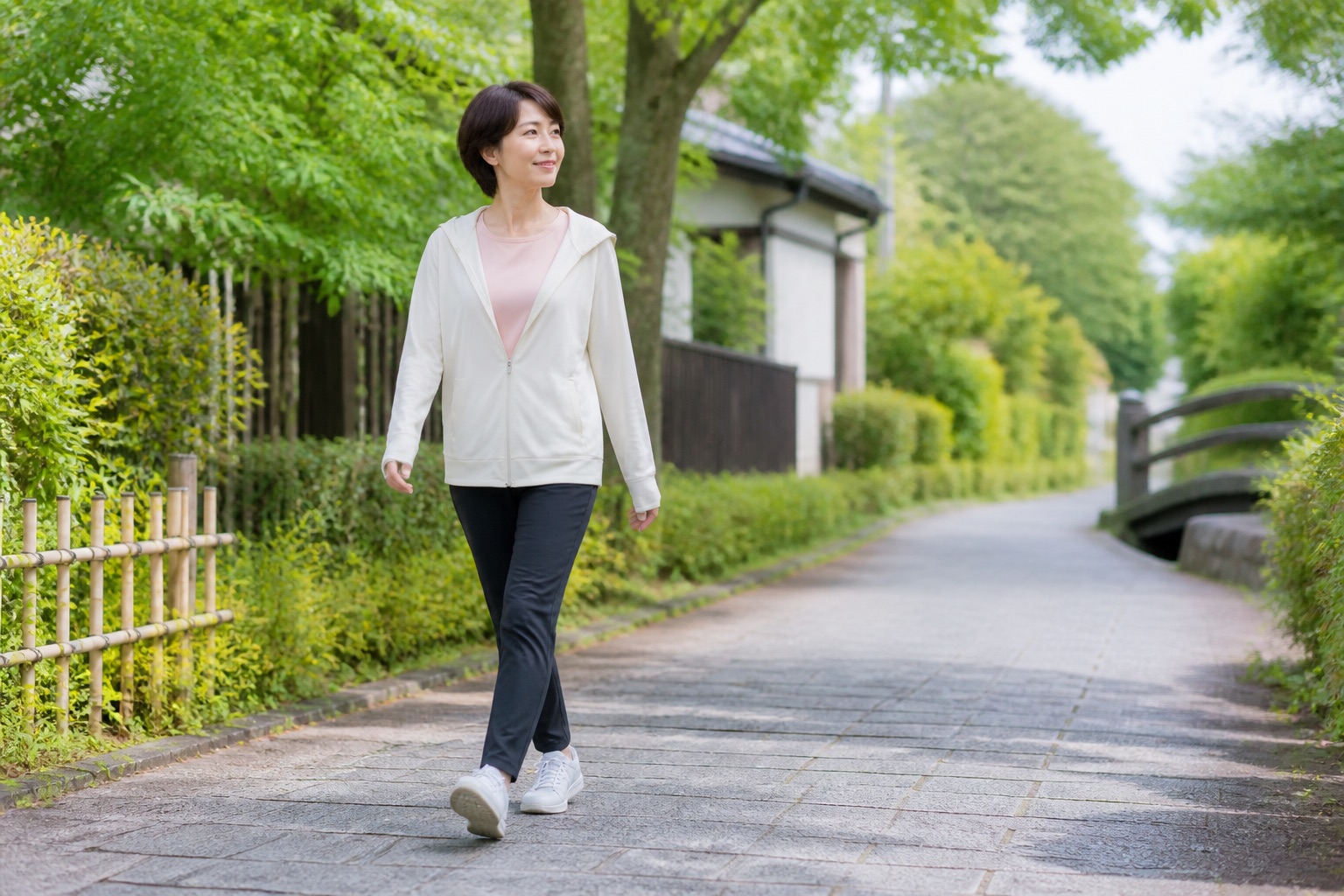腰と骨盤の変化を確かめながら無理なく歩く女性