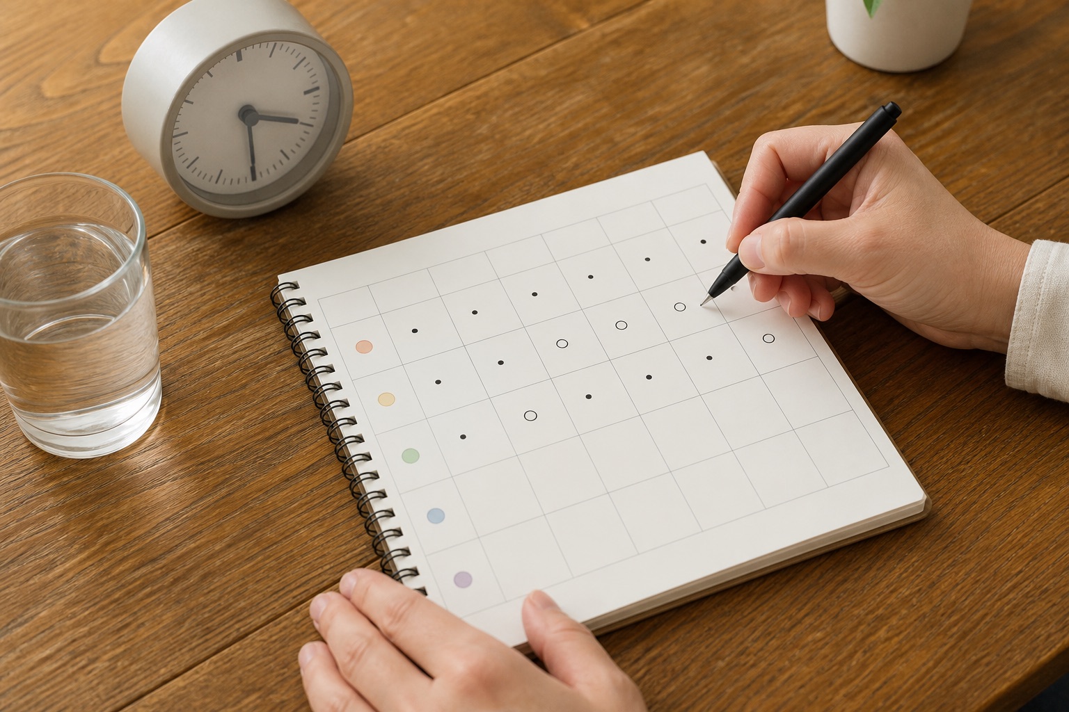 腰痛が出る時間と動作を一週間の表に記録する手元