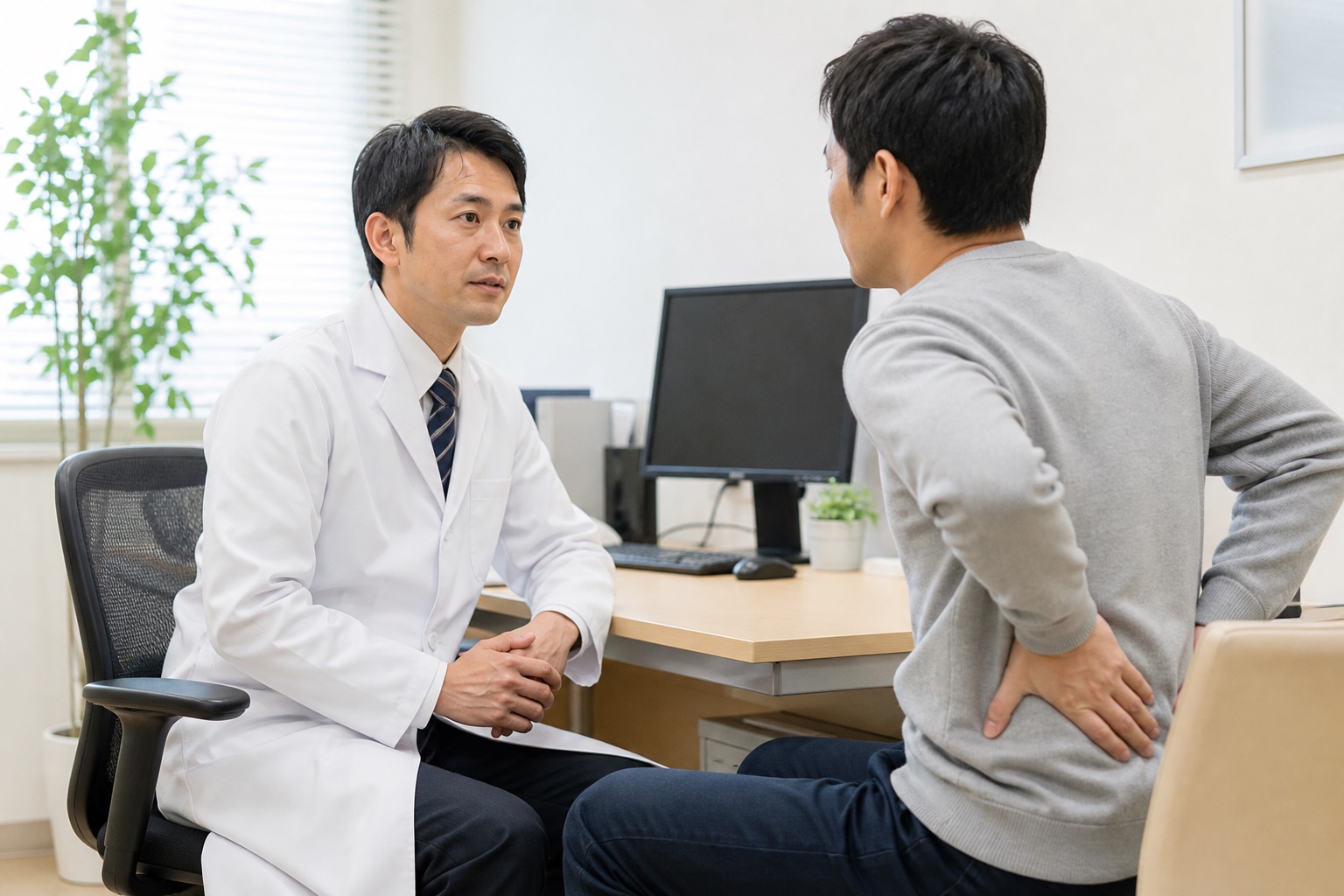 続く腰痛について医師へ経過を相談する男性