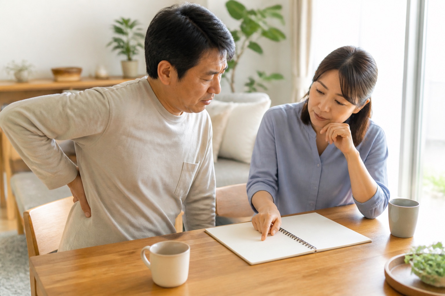 腰痛と骨盤について家庭で質問を整理する夫婦